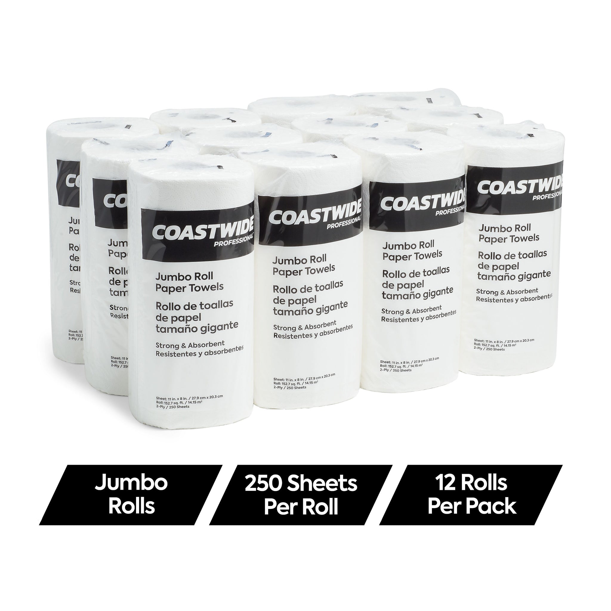 Coastwide Professional Jumbo Kitchen Rolls Paper Towel, 2-Ply, White, 250 Sheets/Roll, 12 Rolls/Carton