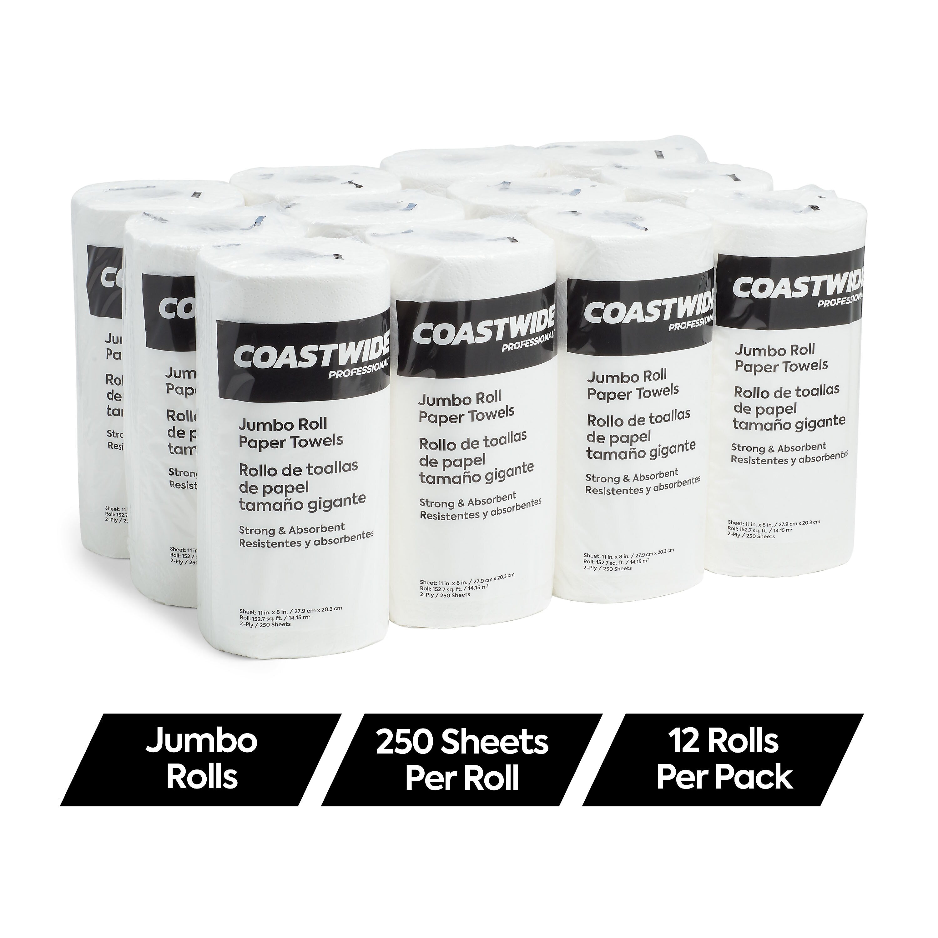 Coastwide Professional Jumbo Kitchen Rolls Paper Towel, 2-Ply, White, 250 Sheets/Roll, 12 Rolls/Carton