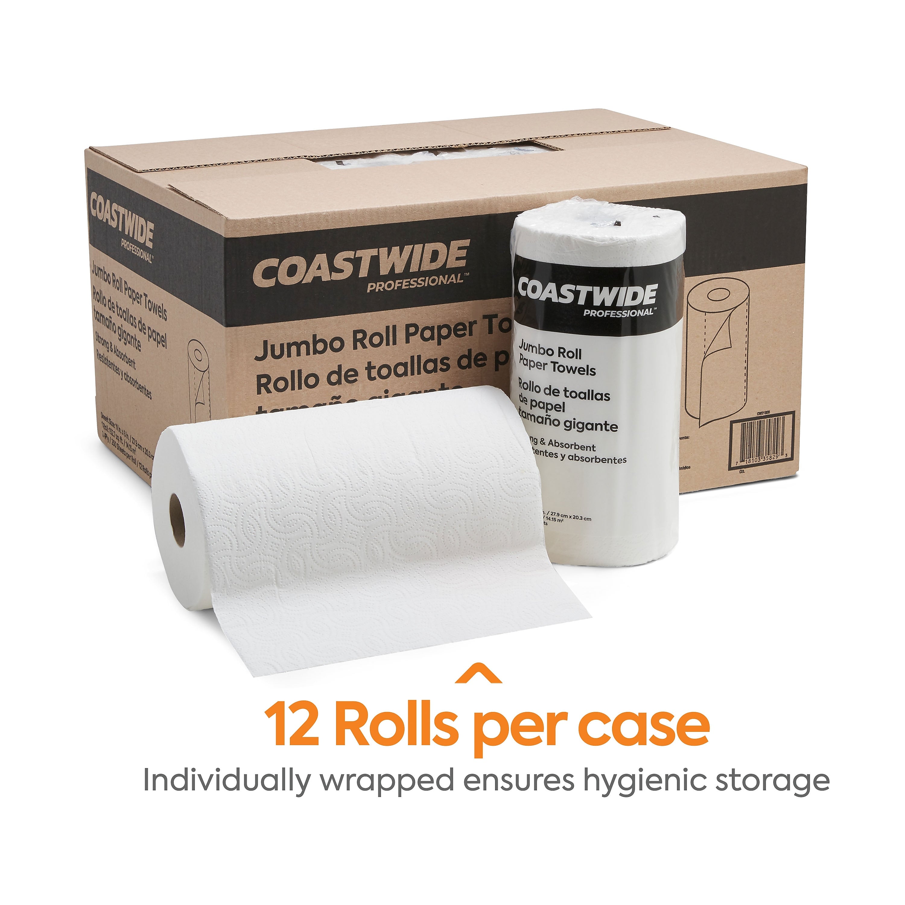 Coastwide Professional Jumbo Kitchen Rolls Paper Towel, 2-Ply, White, 250 Sheets/Roll, 12 Rolls/Carton