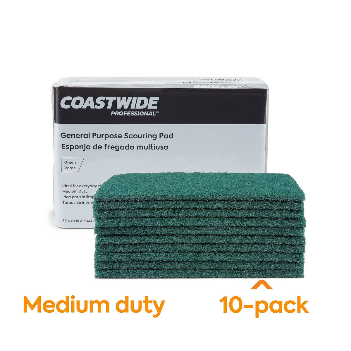 Coastwide Professional™ Medium Duty Scouring Pad, Green, 10/Pack