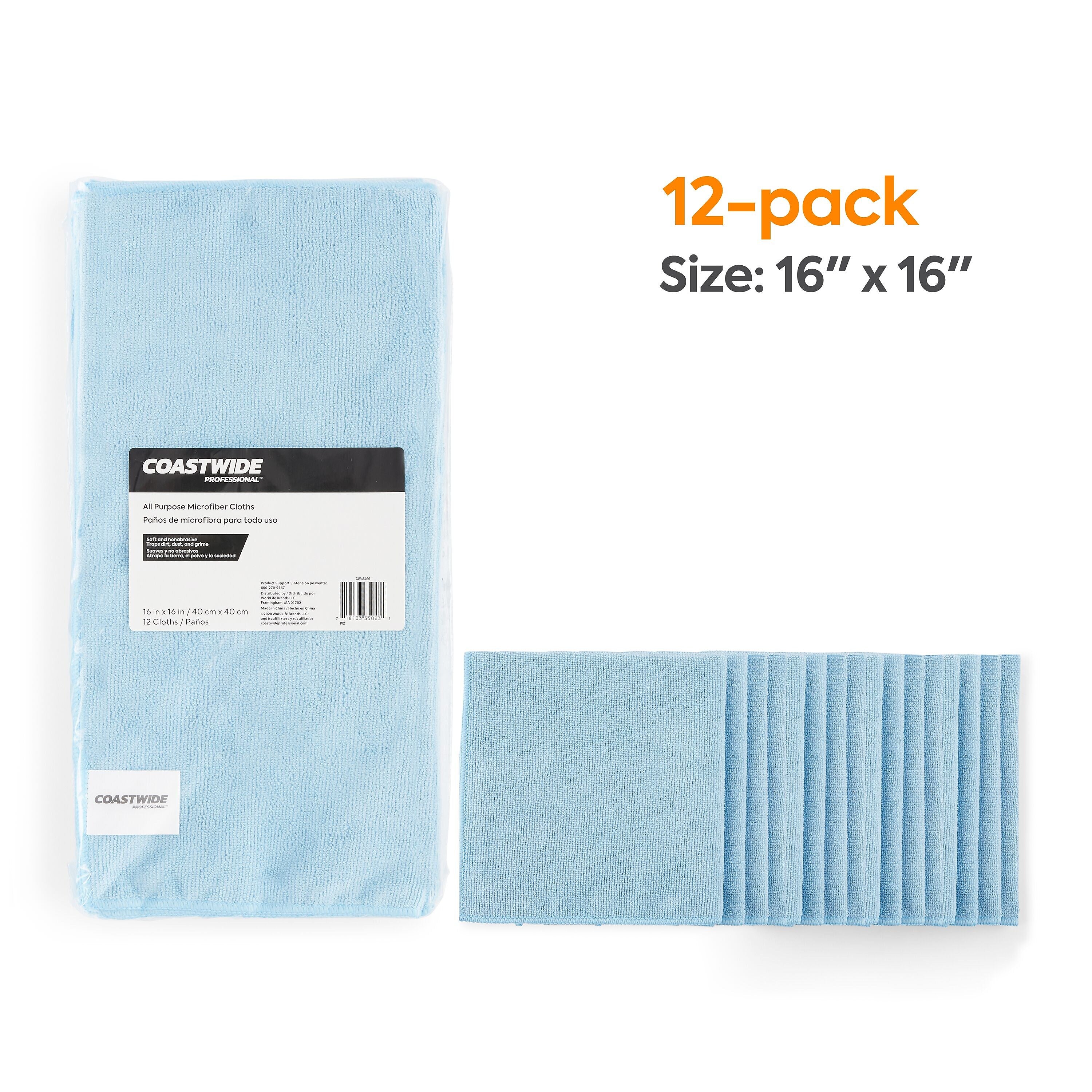 Coastwide Professional™ Microfiber Wipers, Blue, 12/Pack