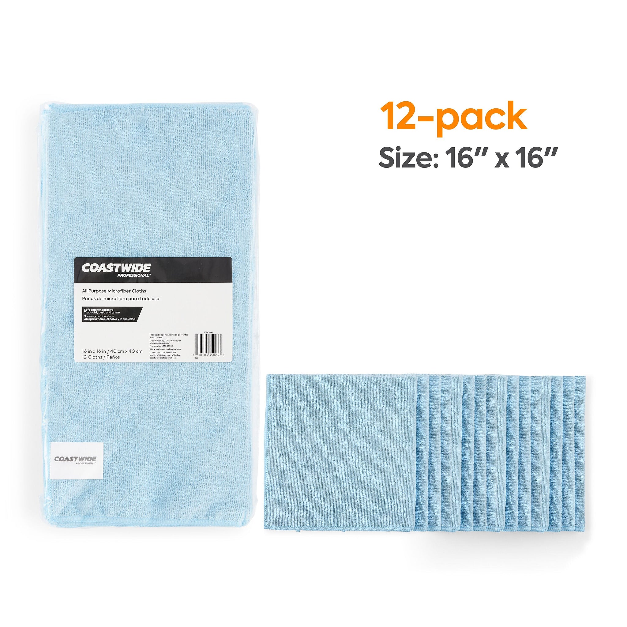 Coastwide Professional™ Microfiber Wipers, Blue, 12/Pack