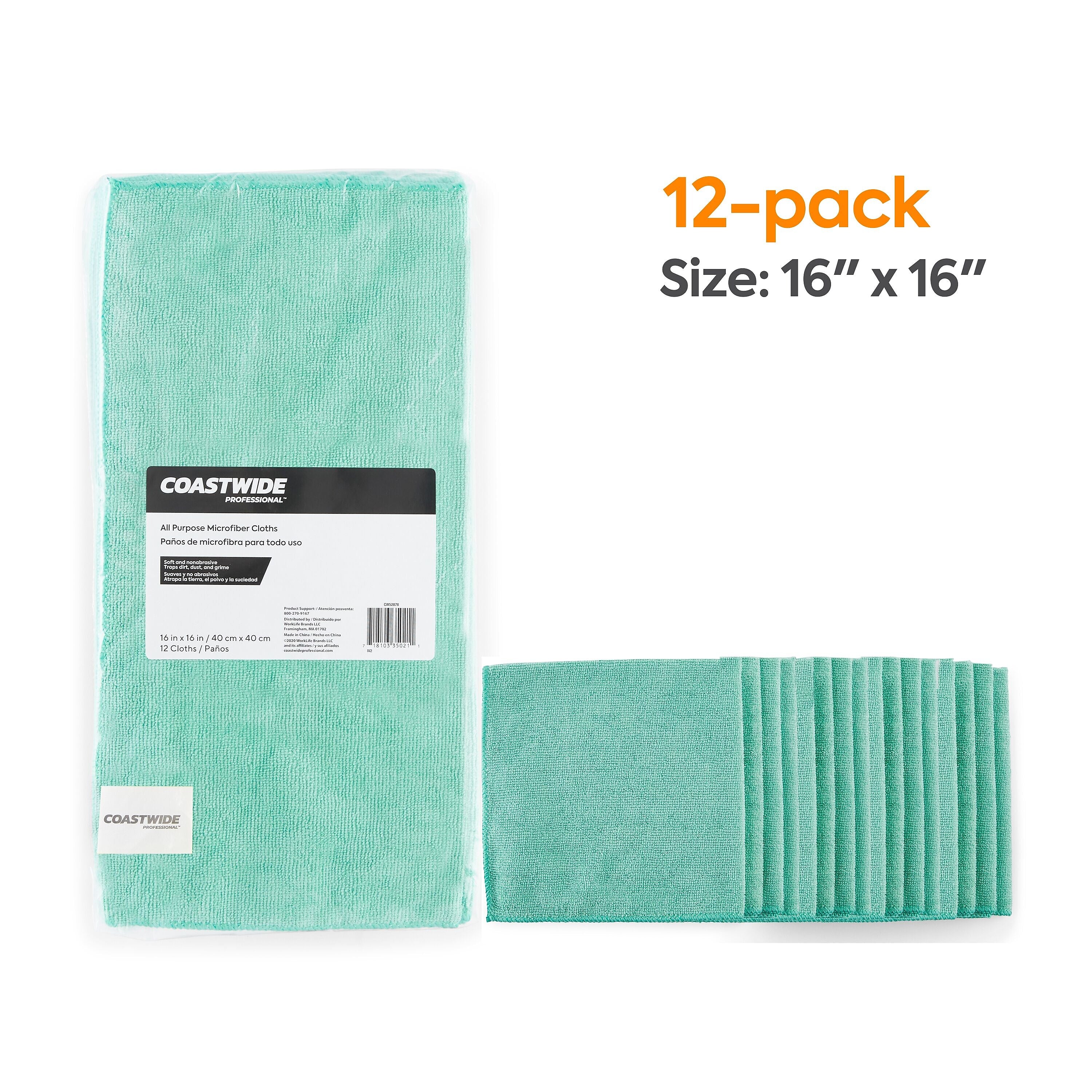 Coastwide Professional™ Microfiber Wipers, Green, 12/Pack