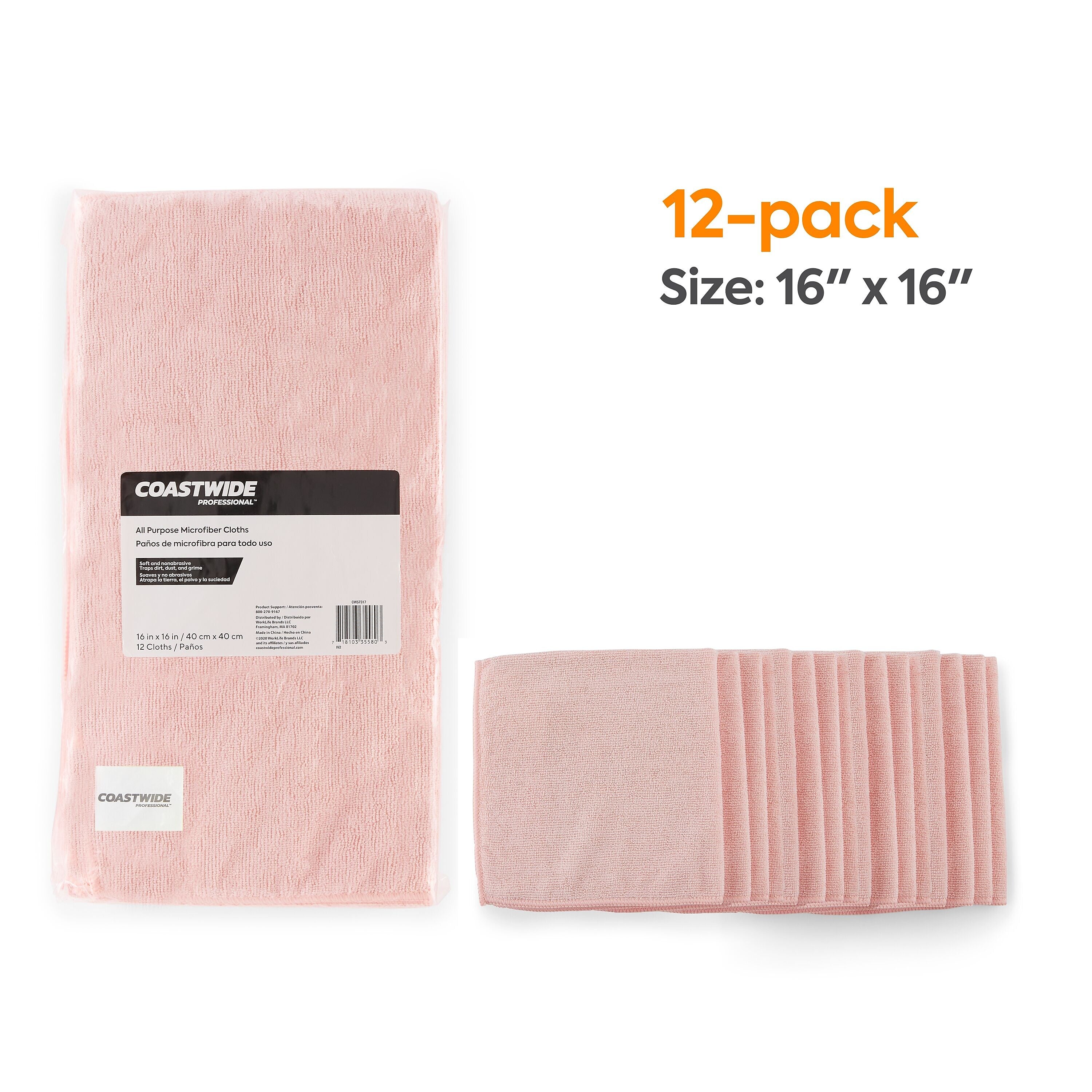 Coastwide Professional™ Microfiber Wipers, Pink, 12/Pack