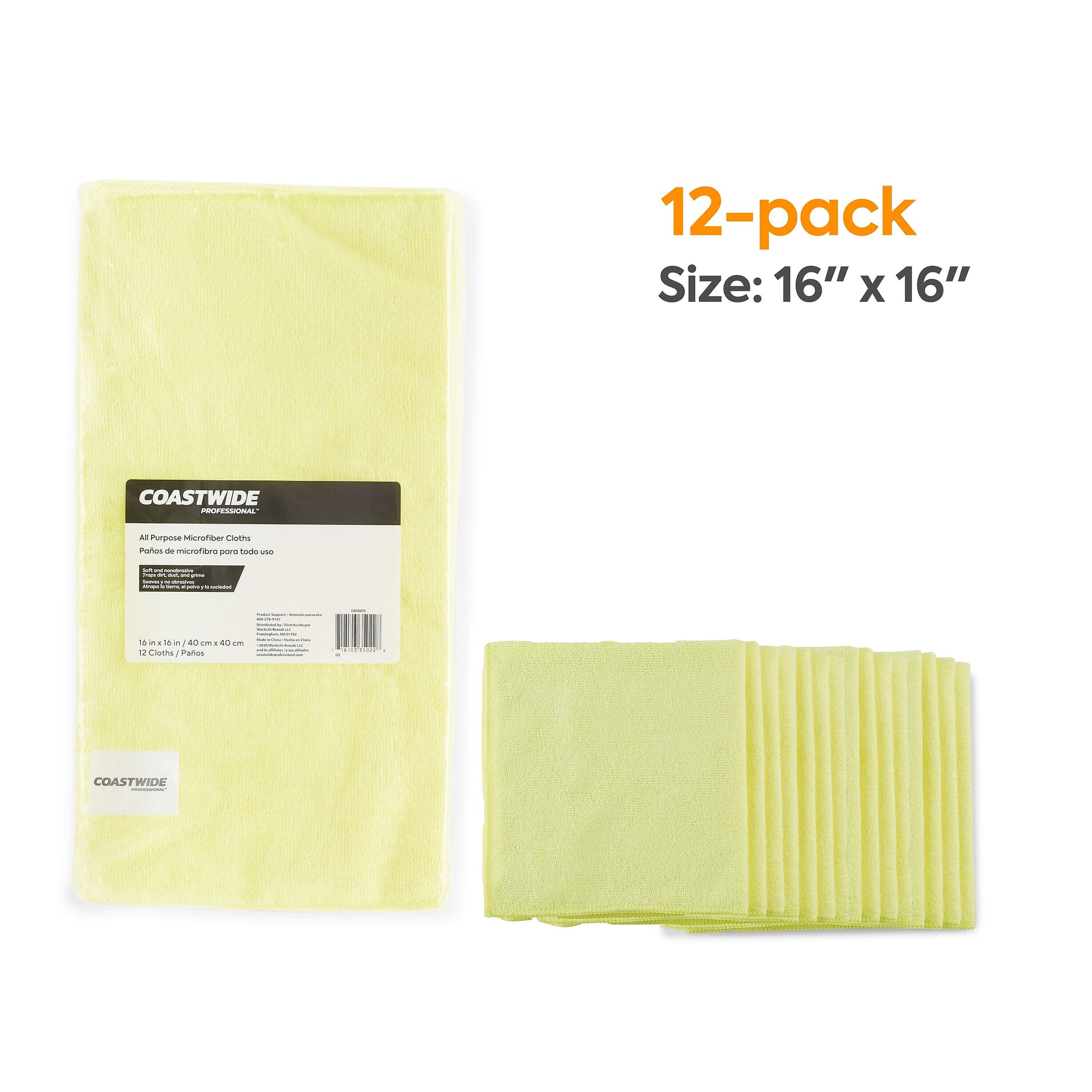Coastwide Professional™ Microfiber Wipers, Yellow, 12/Pack