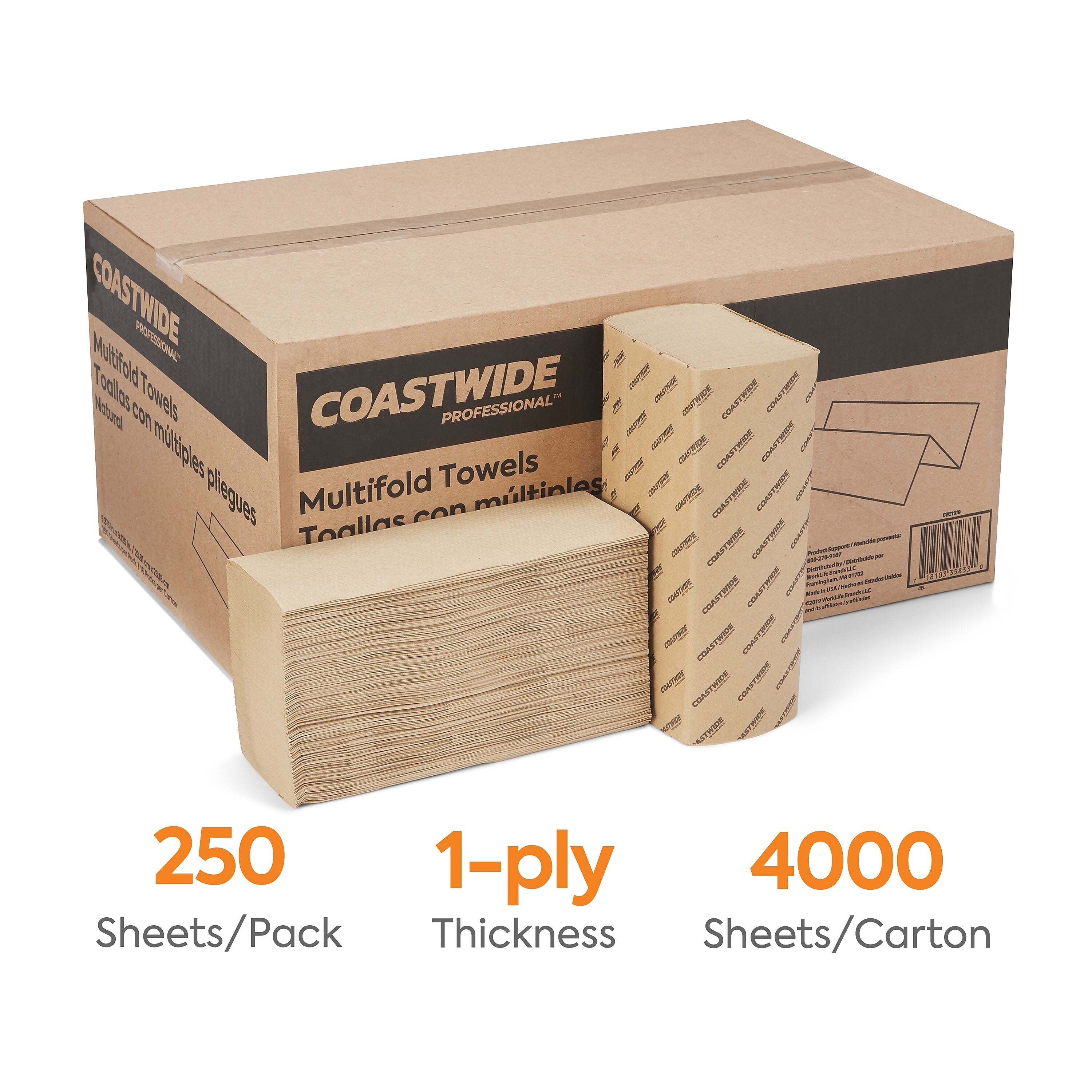 Coastwide Professional™ Multifold Paper Towels, 1-ply, 250 Sheets/Pack, 16 Packs/Carton