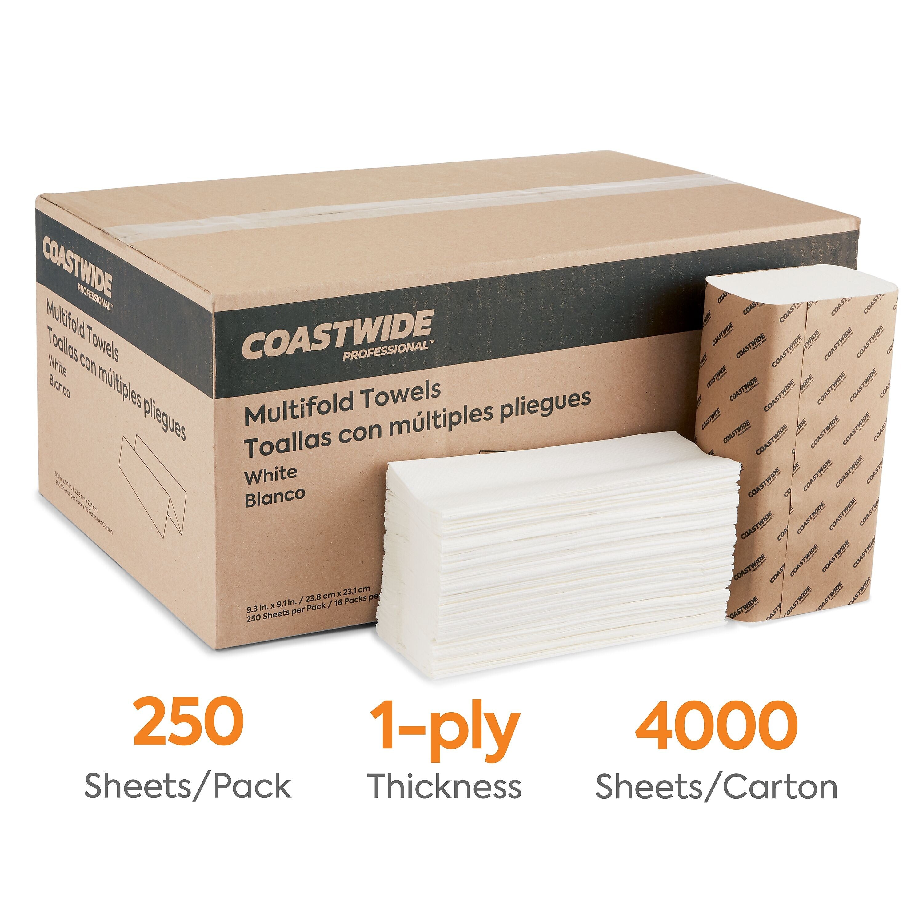 Coastwide Professional™ Multifold Paper Towels, 1-ply, 250 Sheets/Pack, 16 Packs/Carton