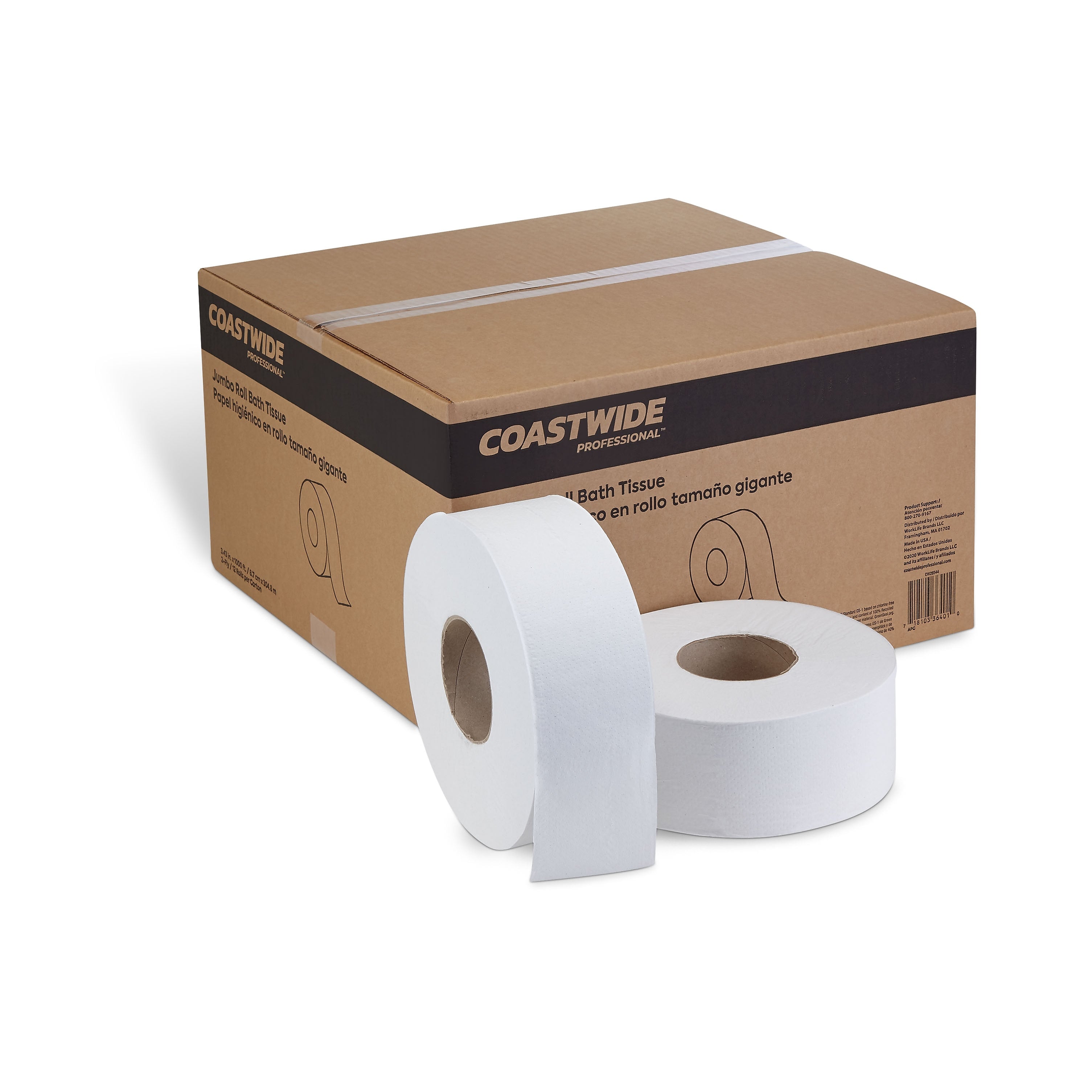 Coastwide Professional™ Recycled 2-Ply Jumbo Toilet Paper, White, 1000 ft./Roll, 12 Rolls/Carton