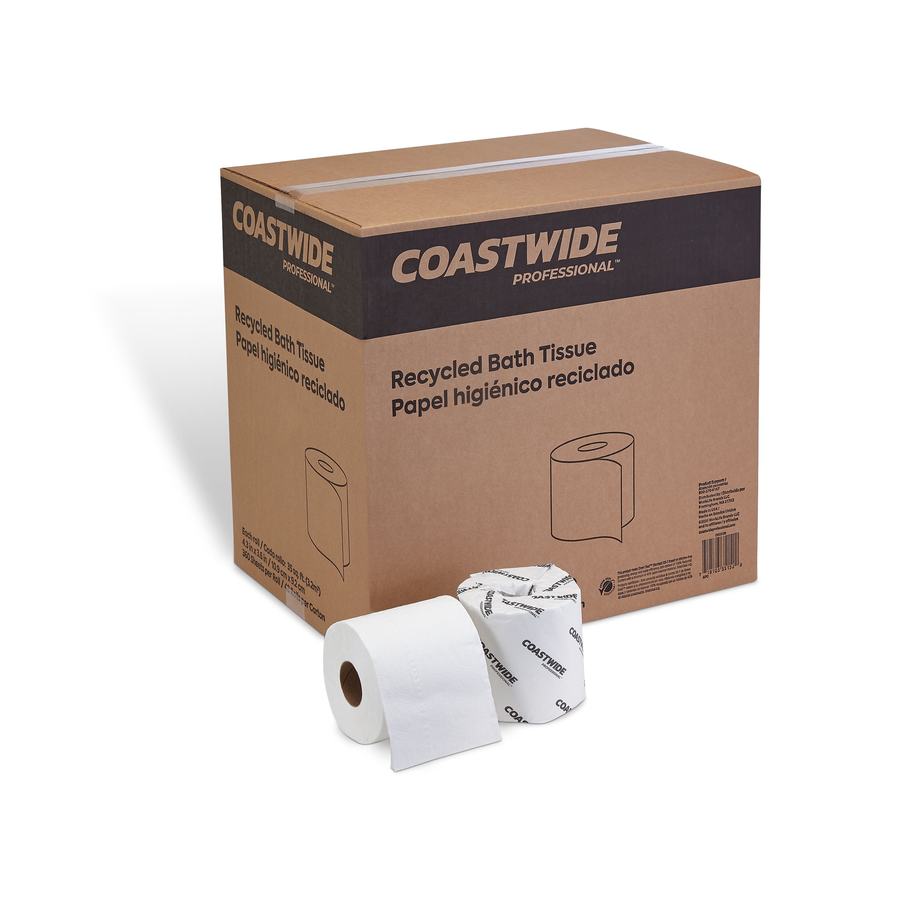 Coastwide Professional™ Recycled 2-Ply Standard Toilet Paper, White, 350 Sheets/Roll, 48 Rolls/Carton