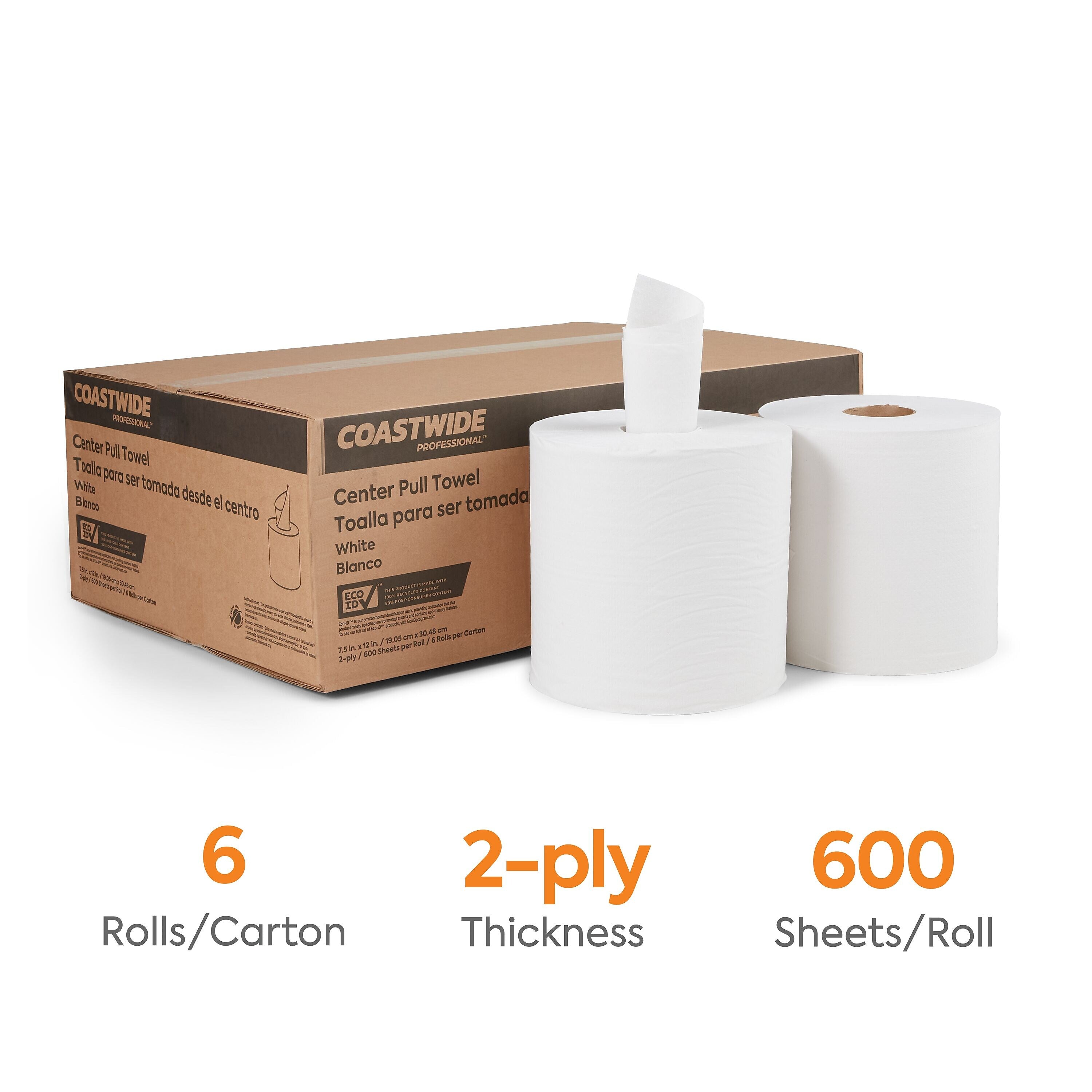 Coastwide Professional™ Recycled Centerpull Paper Towels, 2-ply, 600 Sheets/Roll, 6 Rolls/Carton