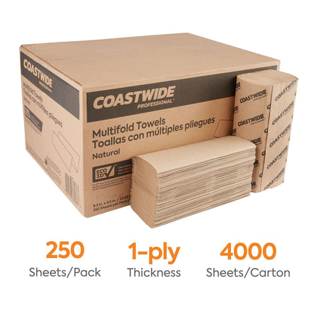 Coastwide Professional™ Recycled Multifold Paper Towels, 1-ply, 250 Sheets/Pack, 16 Packs/Carton