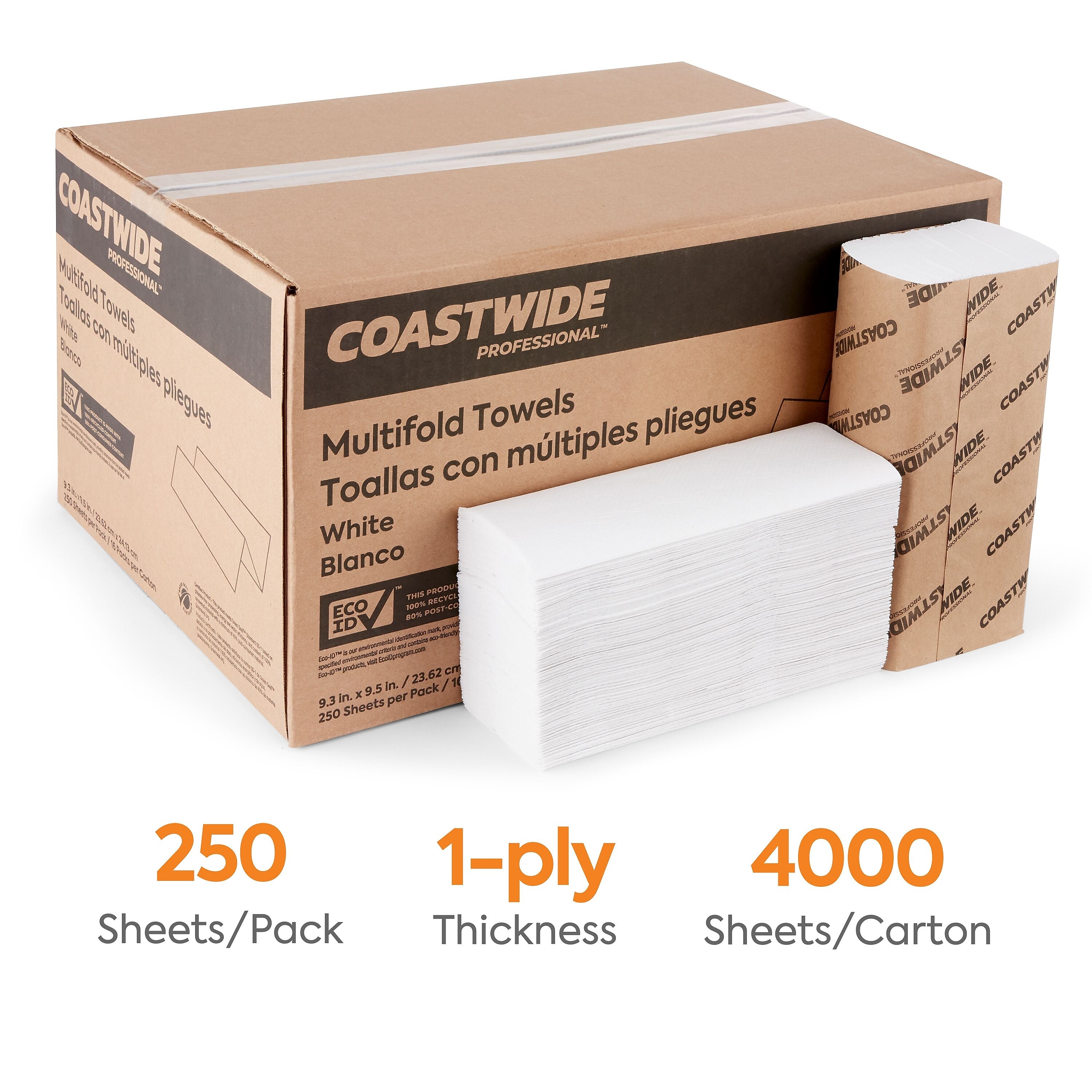 Coastwide Professional™ Recycled Multifold Paper Towels, 1-ply, 250 Sheets/Pack, 16 Packs/Carton