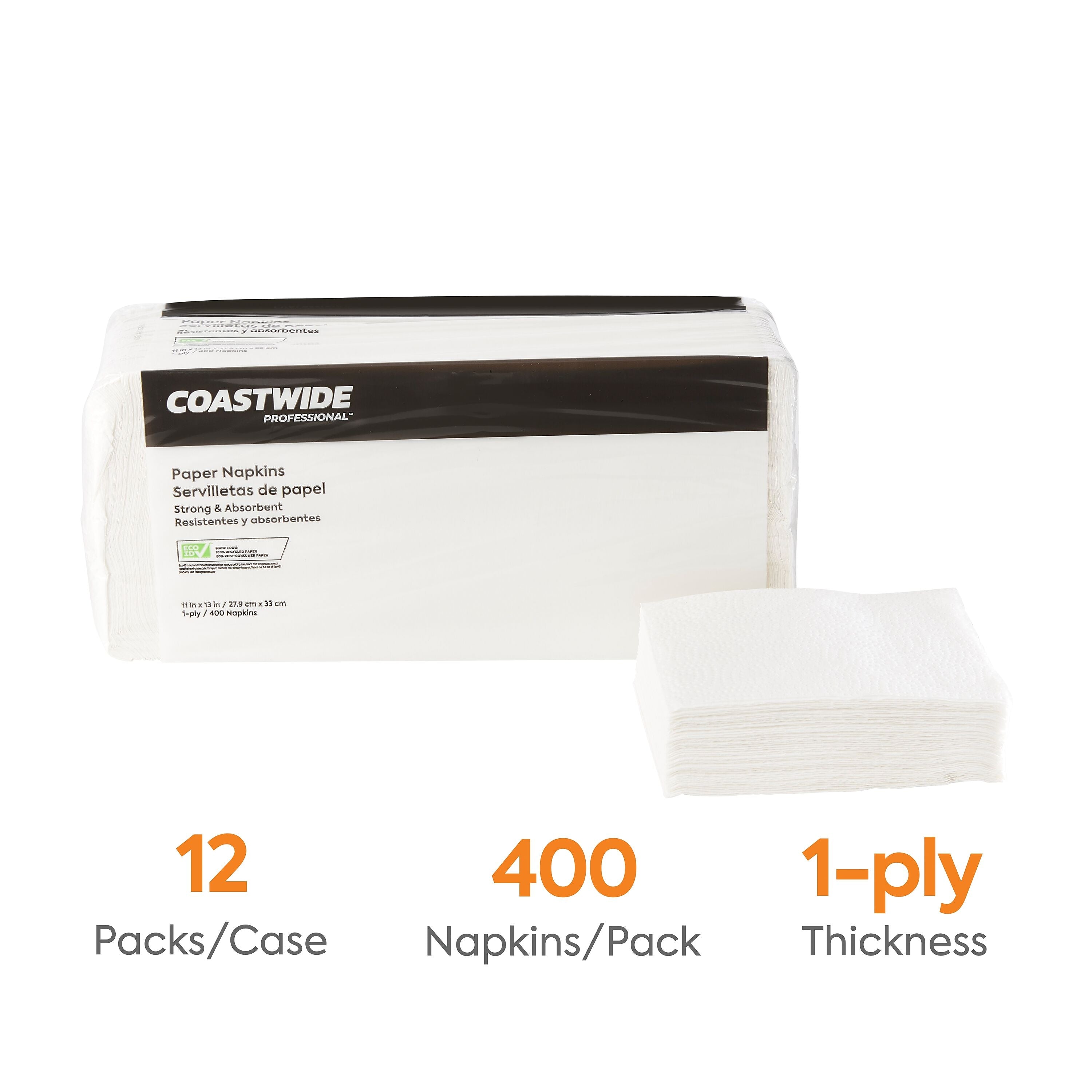 Coastwide Professional™ Recycled Napkin, 1-Ply, White, 400/Pack, 12 Pack/Carton