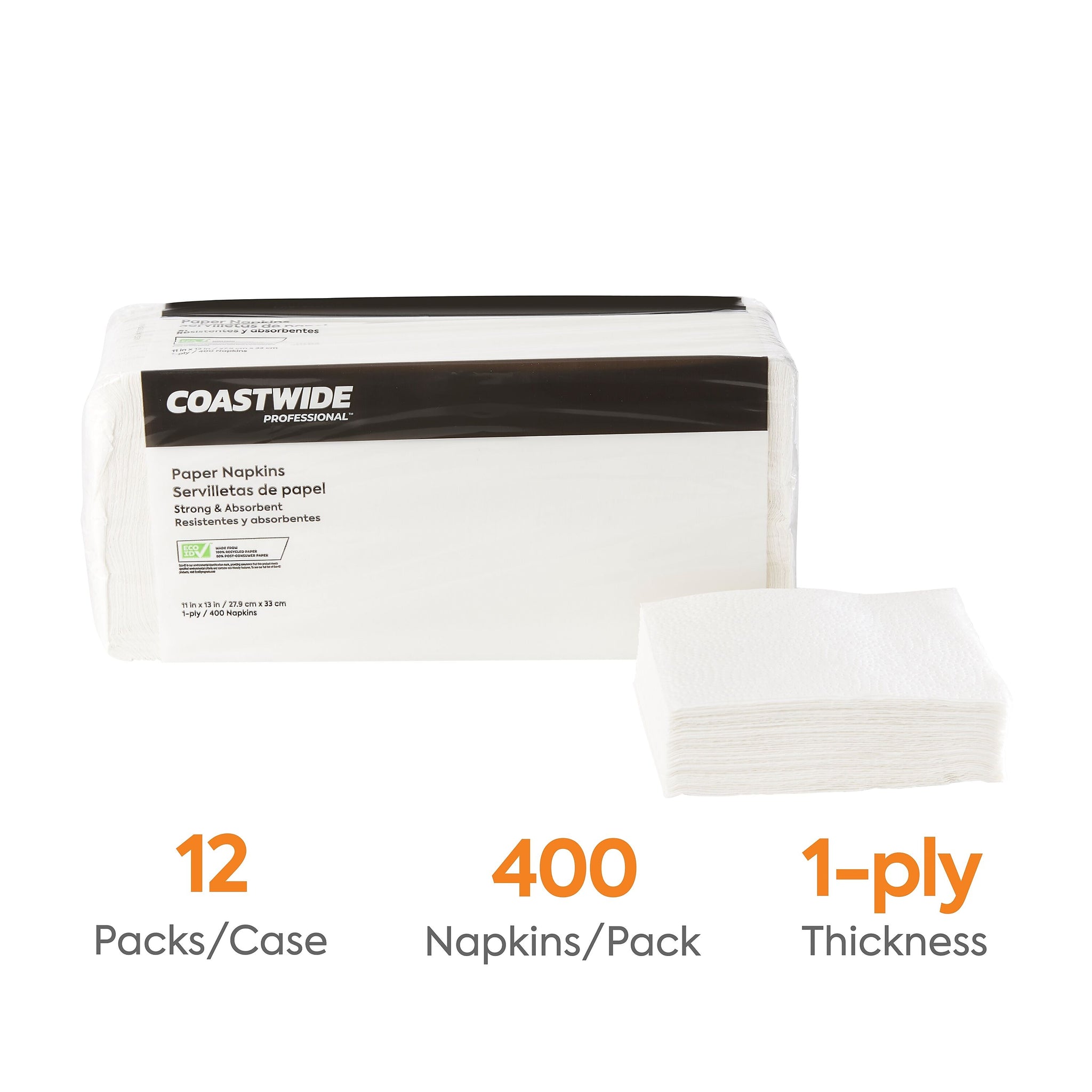 Coastwide Professional™ Recycled Napkin, 1-Ply, White, 400/Pack, 12 Pack/Carton