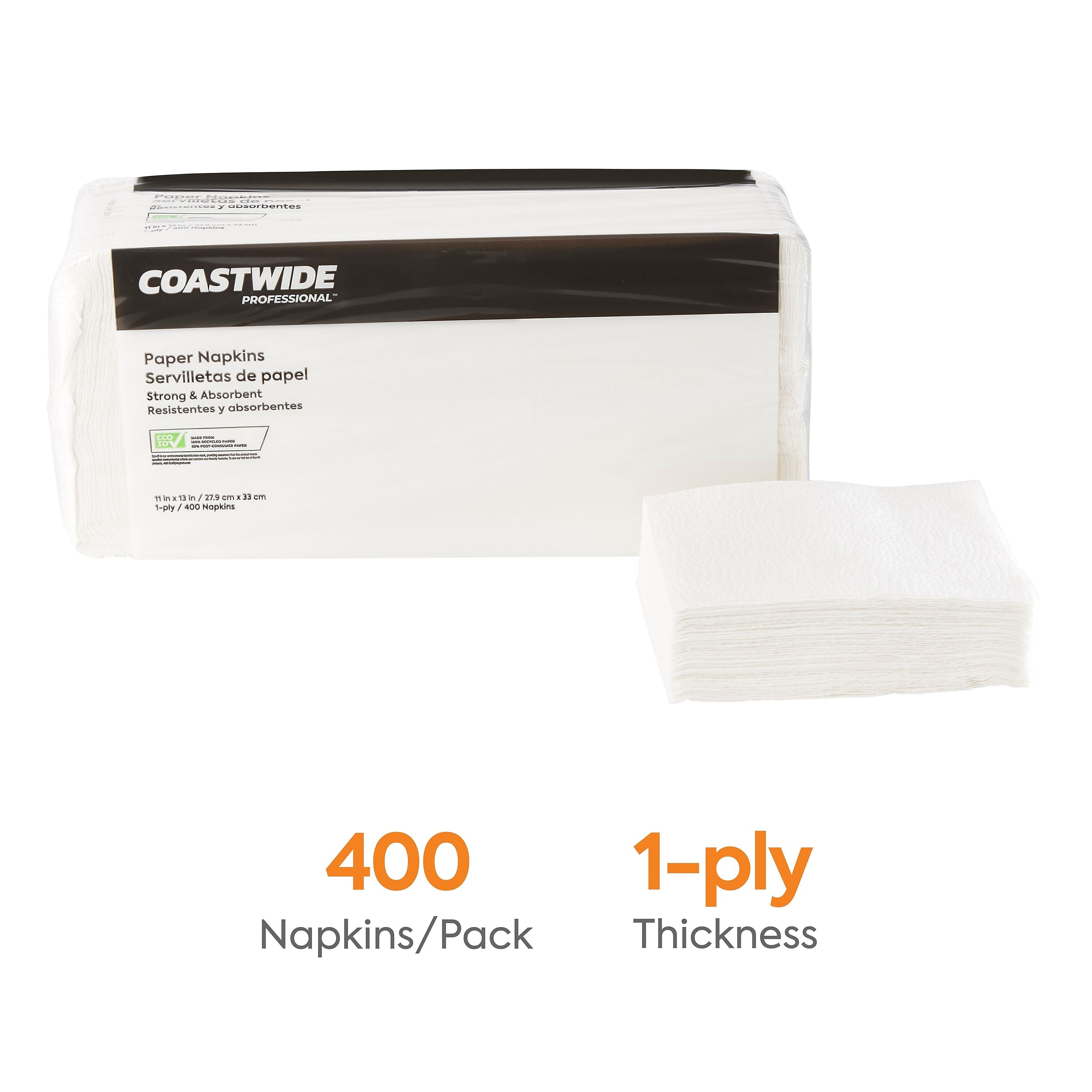Coastwide Professional™ Recycled Napkin, 1-Ply, White, 400/Pack