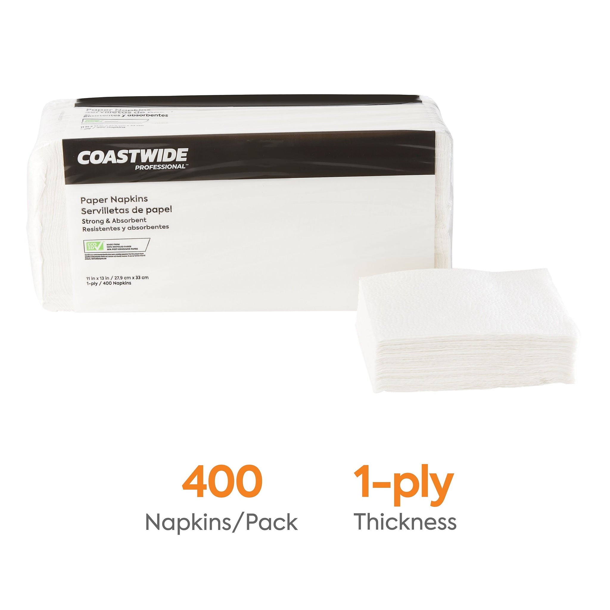 Coastwide Professional™ Recycled Napkin, 1-Ply, White, 400/Pack