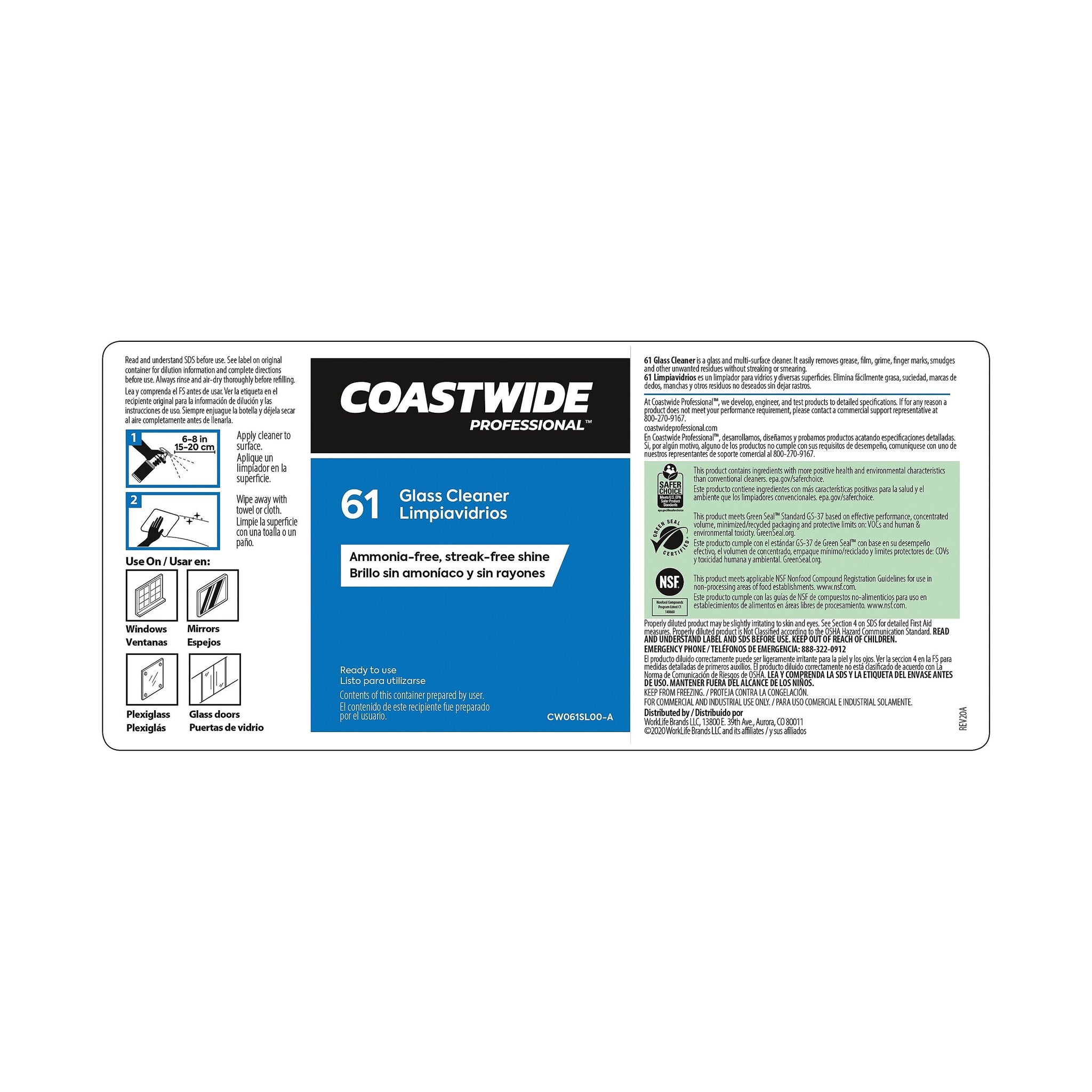 Coastwide Professional™ Secondary Label for Coastwide Professional™ 61 Glass Cleaner