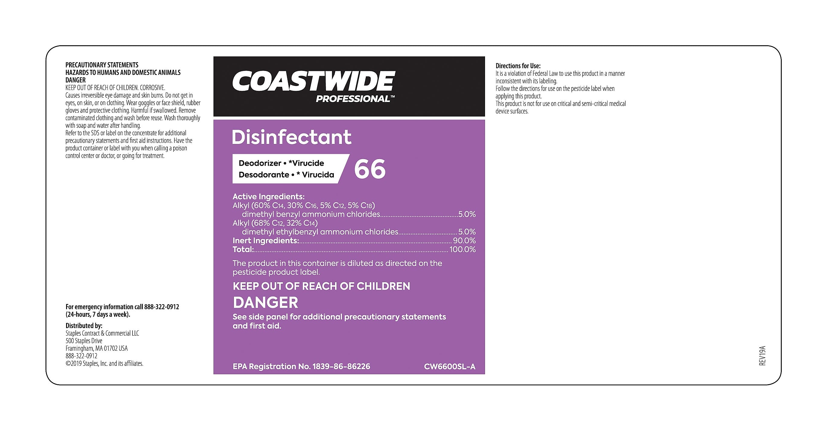 Coastwide Professional™ Secondary Label for Coastwide Professional™ 66 Disinfectant, Each