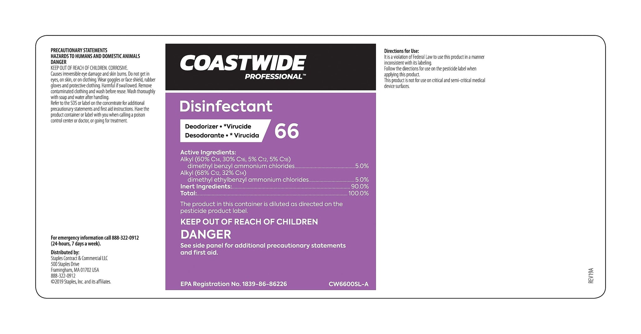 Coastwide Professional™ Secondary Label for Coastwide Professional™ 66 Disinfectant, Each