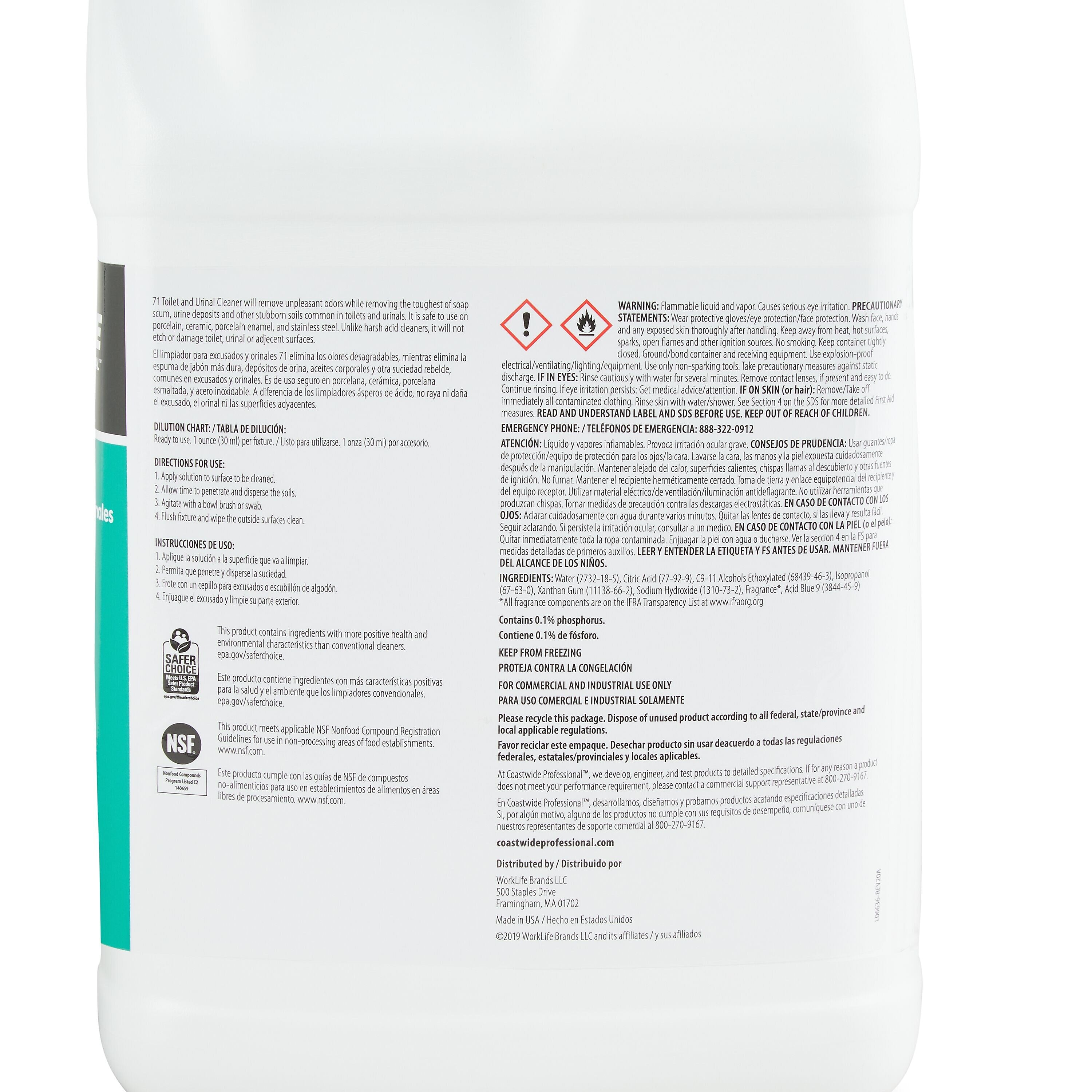 Coastwide Professional Toilet and Urinal Cleaner 71, 3.78L, 4/Carton