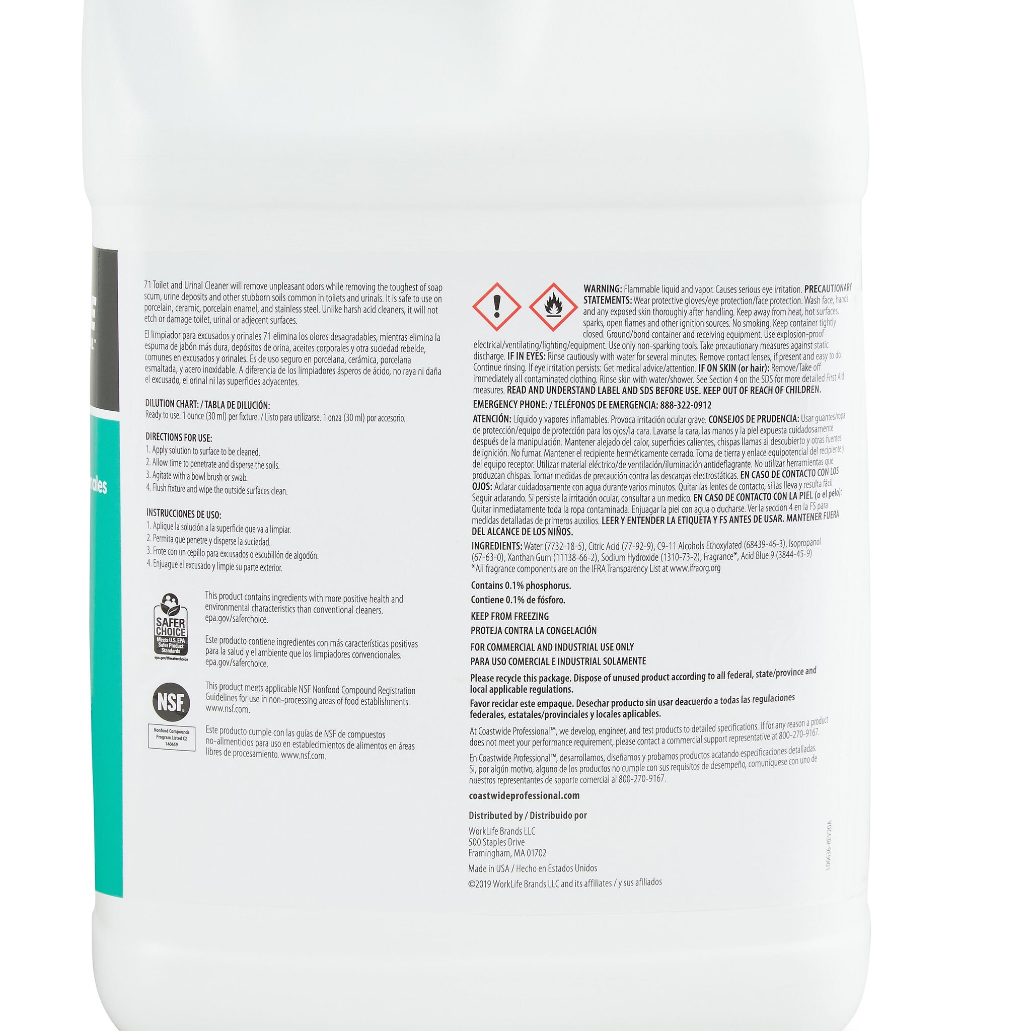 Coastwide Professional Toilet and Urinal Cleaner 71, 3.78L, 4/Carton