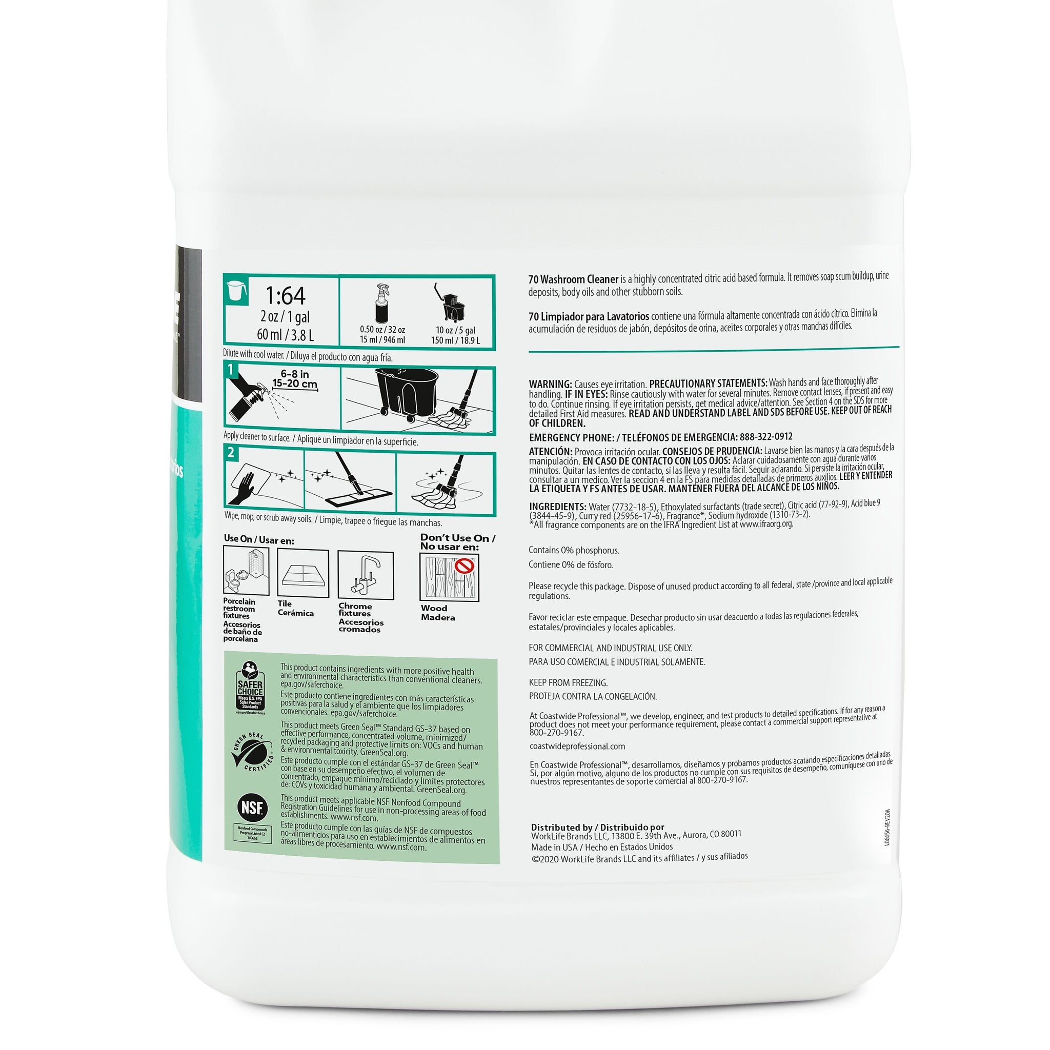 Coastwide Professional Washroom Cleaner 70, 3.78L, 4/Carton