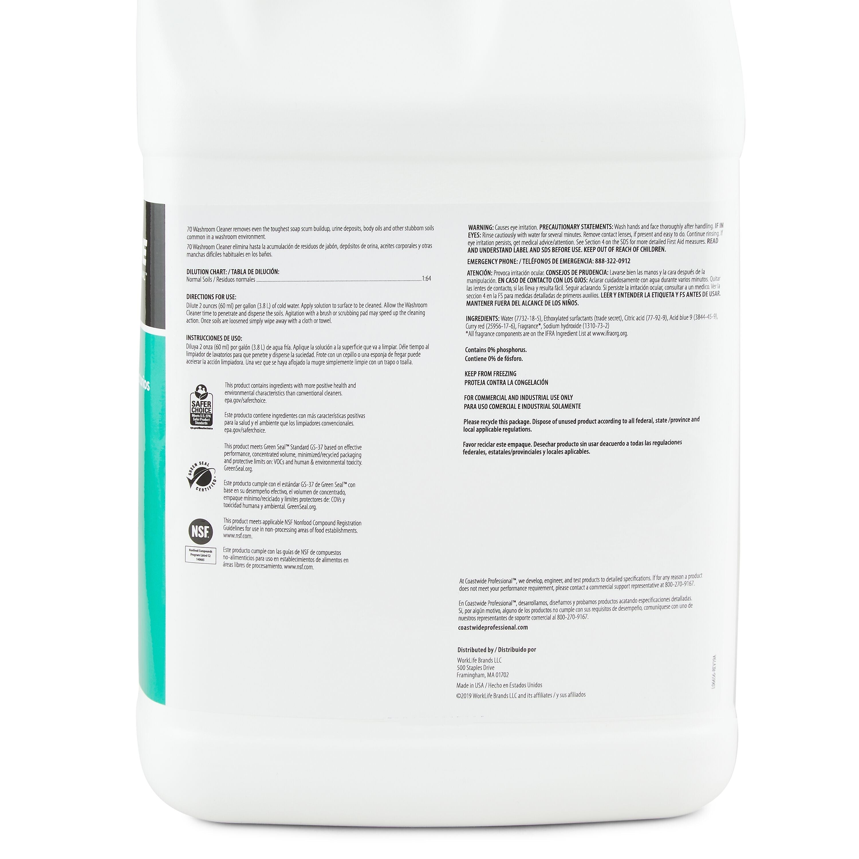 Coastwide Professional Washroom Cleaner 70, 3.78L, 4/Carton