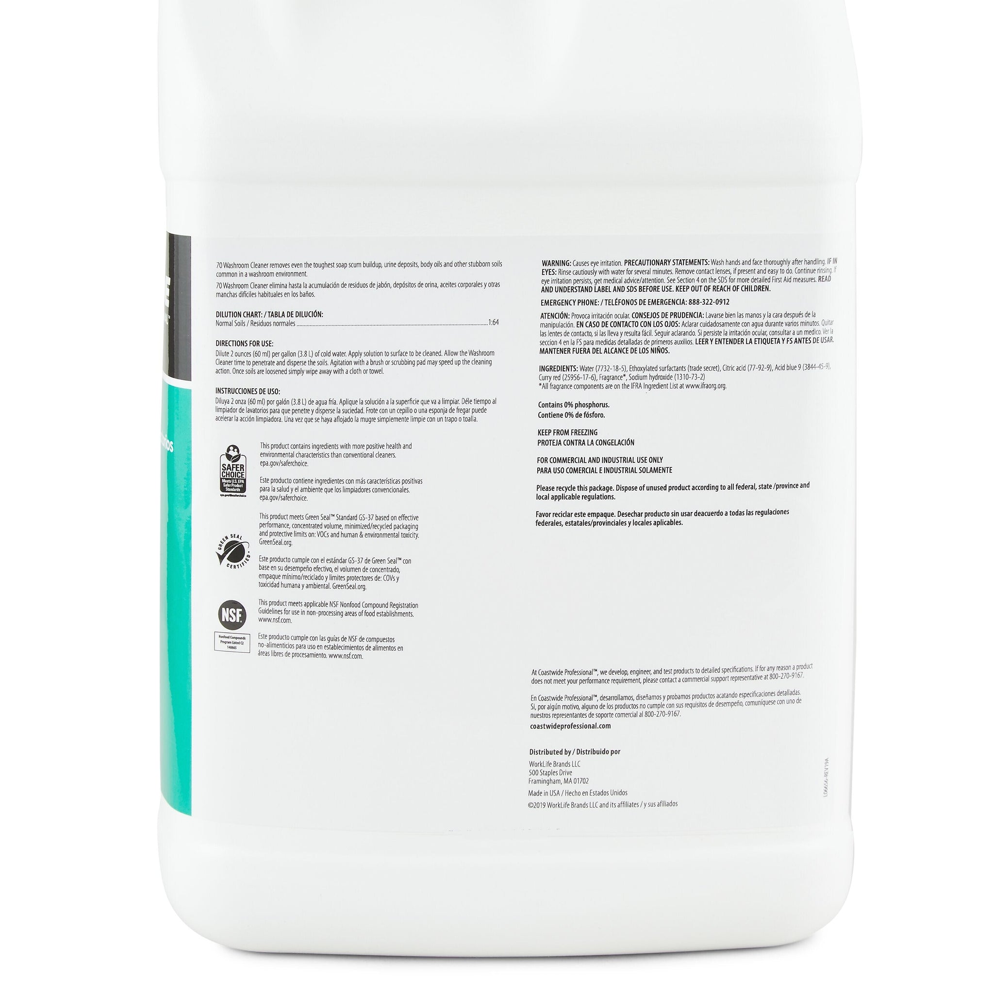 Coastwide Professional Washroom Cleaner 70, 3.78L, 4/Carton