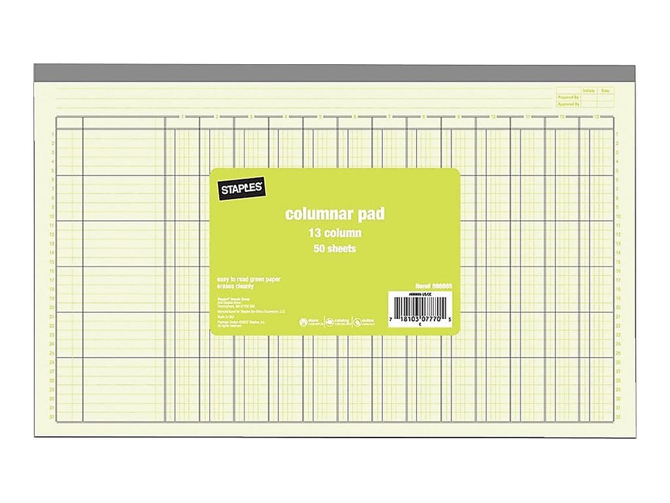 Columnar Book, 13 Column, 13.31" x 8.5", Green, 25 Sheets/Book