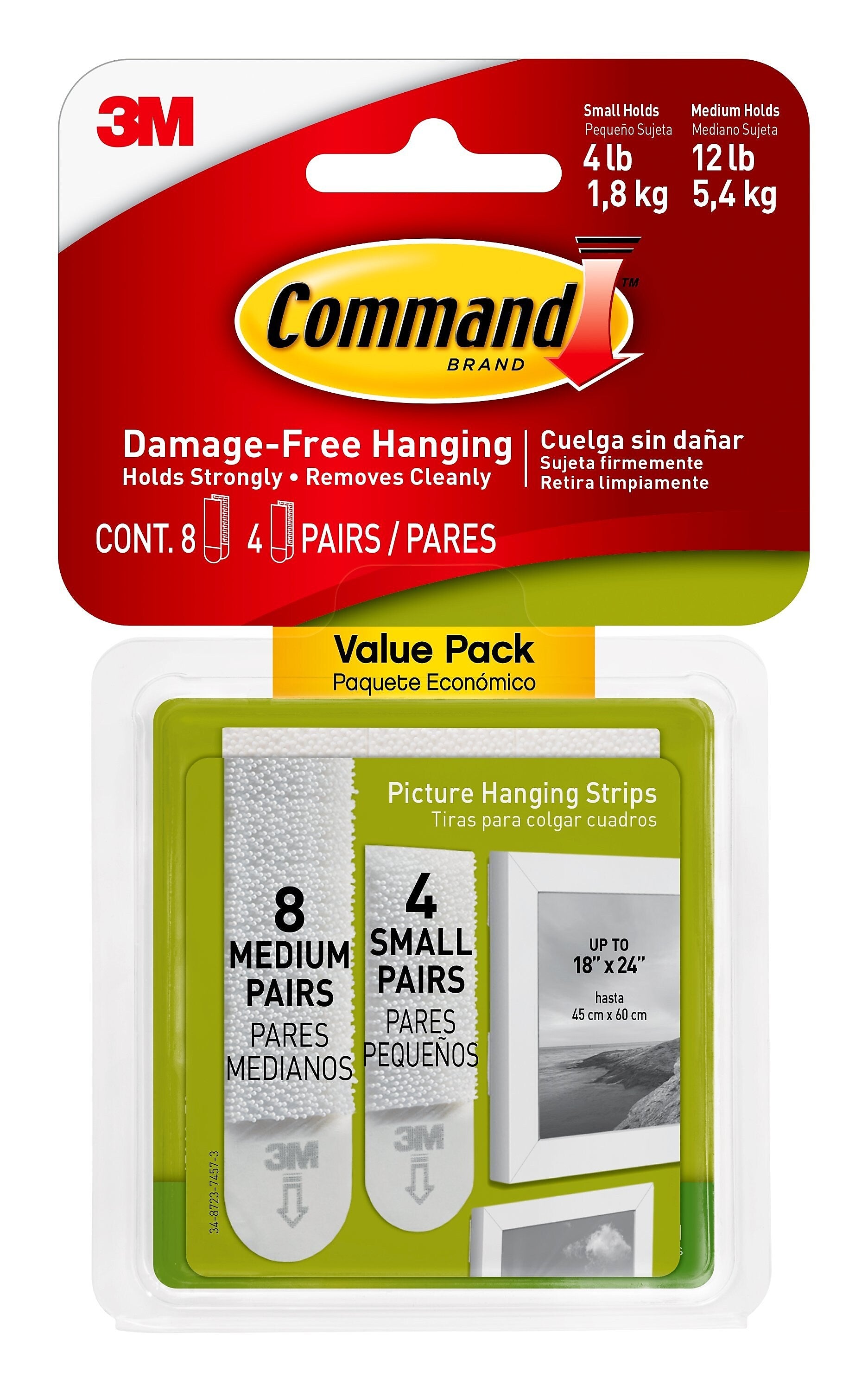 Command Assorted Hanging Strips, 12 lb., White, 8 Medium and 4 Small Sets/Pack