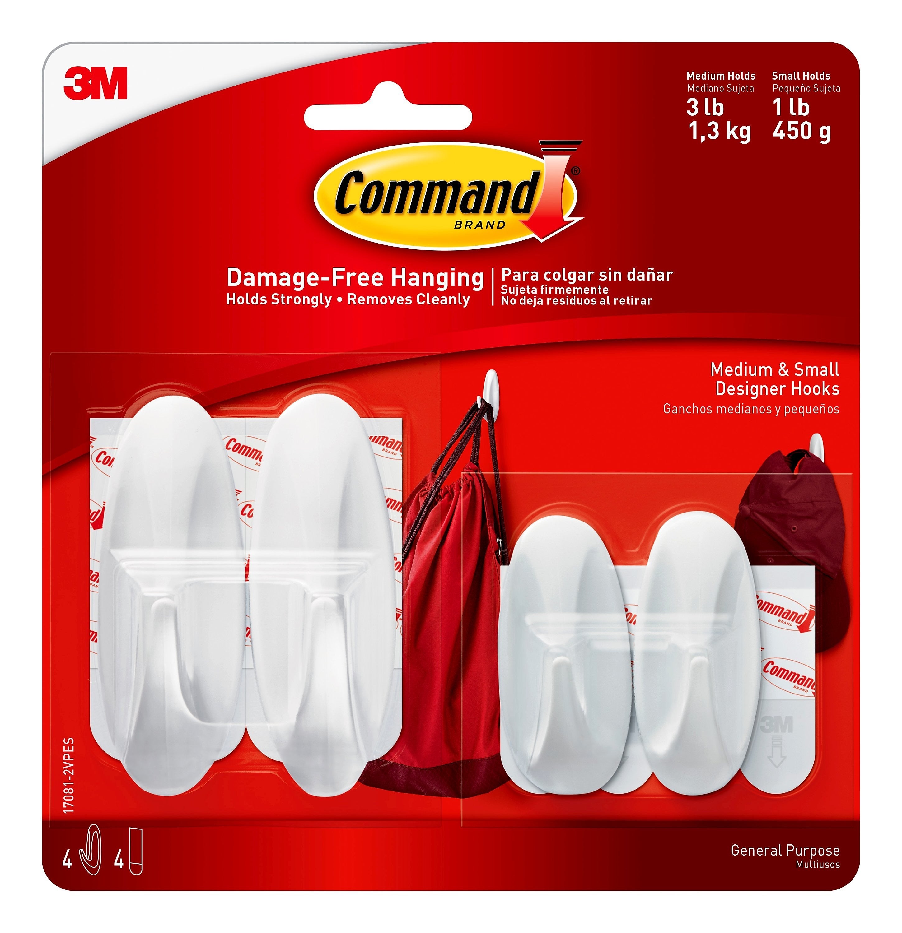 Command Assorted Hooks, 3 lb., White, 2-Small Command Hooks, 2-Medium Command Hooks, 2-Pairs