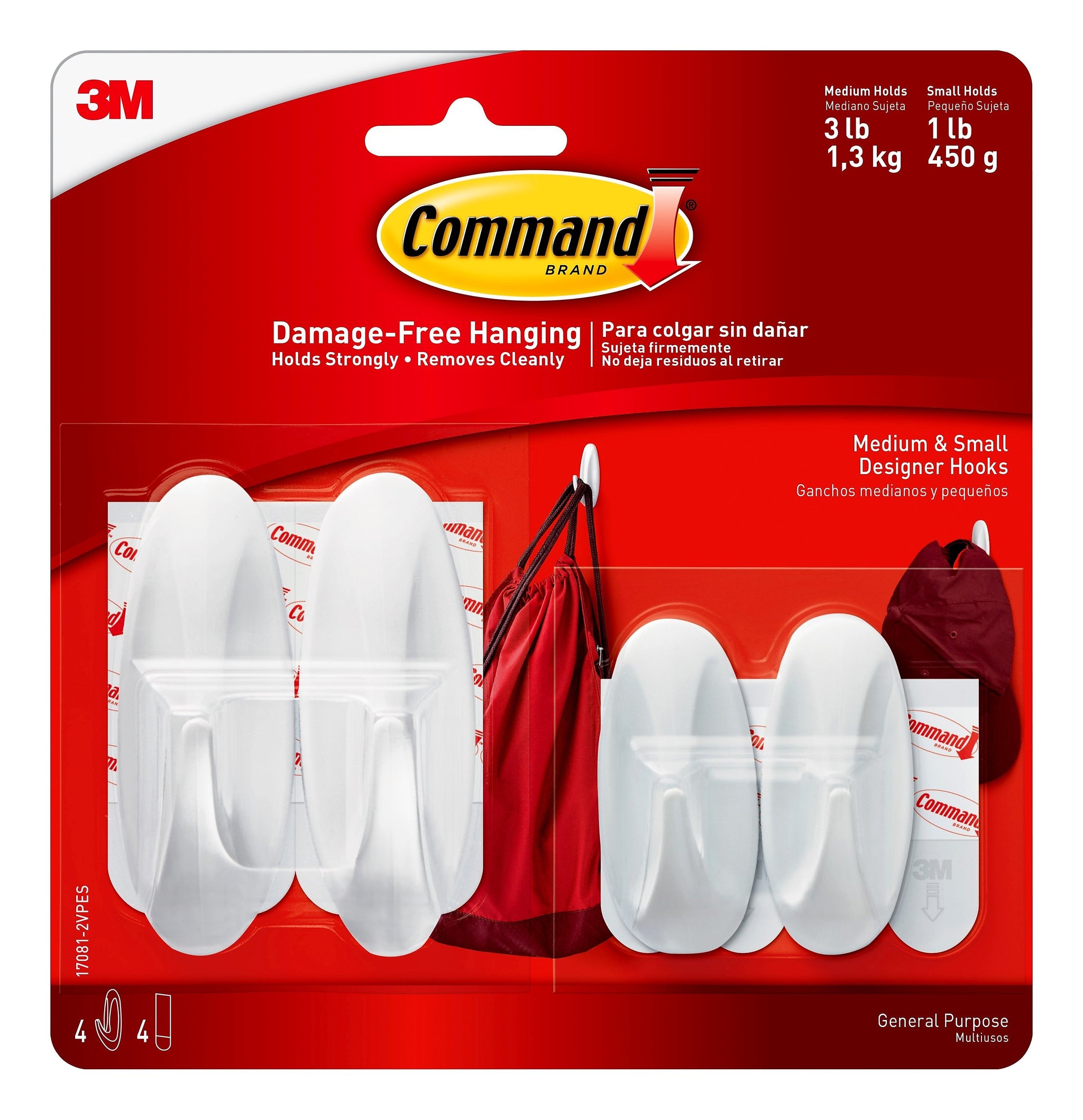 Command Assorted Hooks, 3 lb., White, 2-Small Command Hooks, 2-Medium Command Hooks, 2-Pairs
