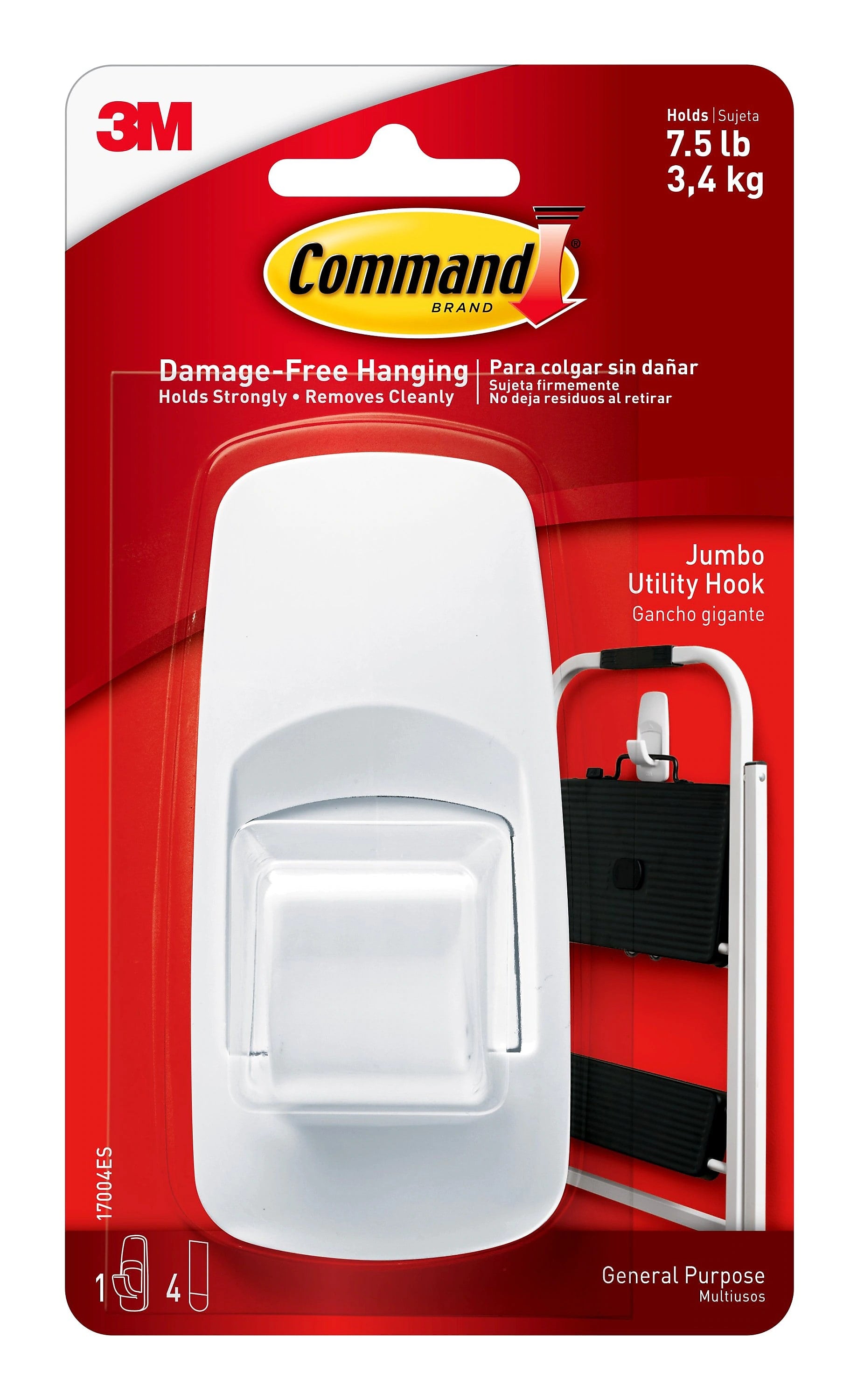 Command™ Jumbo Hook, White, 1 Hook, 2 Strips/Pack