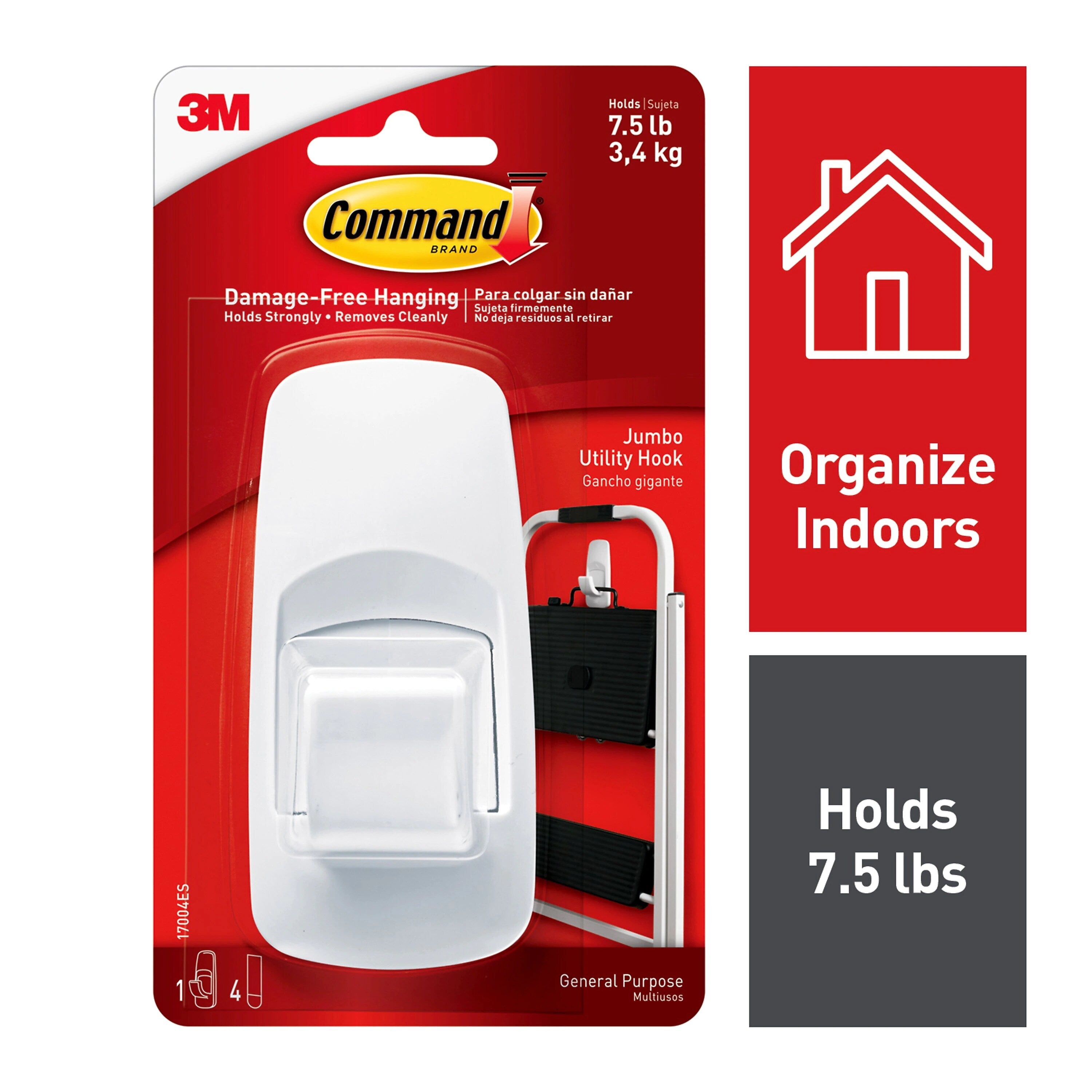 Command™ Jumbo Hook, White, 1 Hook, 2 Strips/Pack