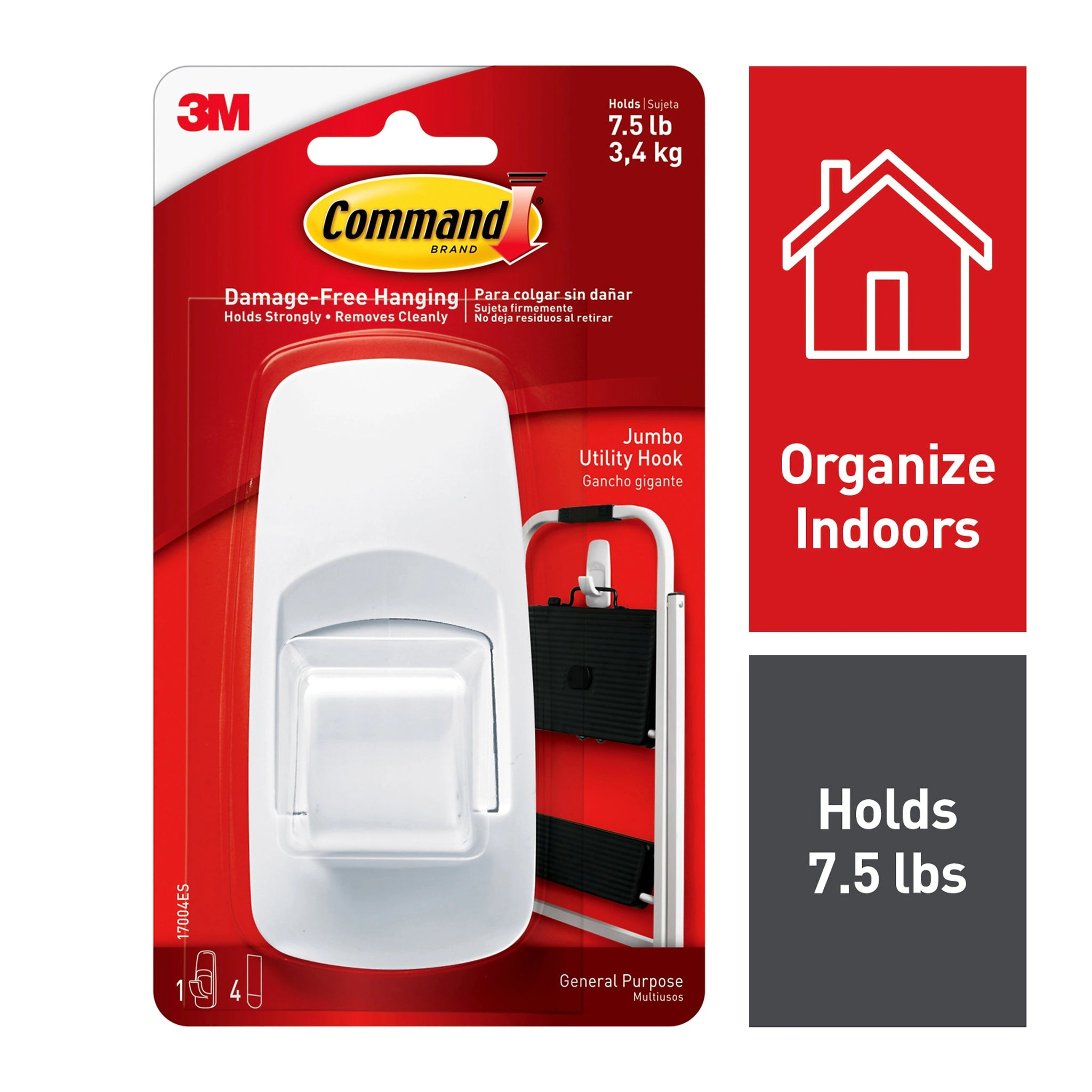 Command™ Jumbo Hook, White, 1 Hook, 2 Strips/Pack