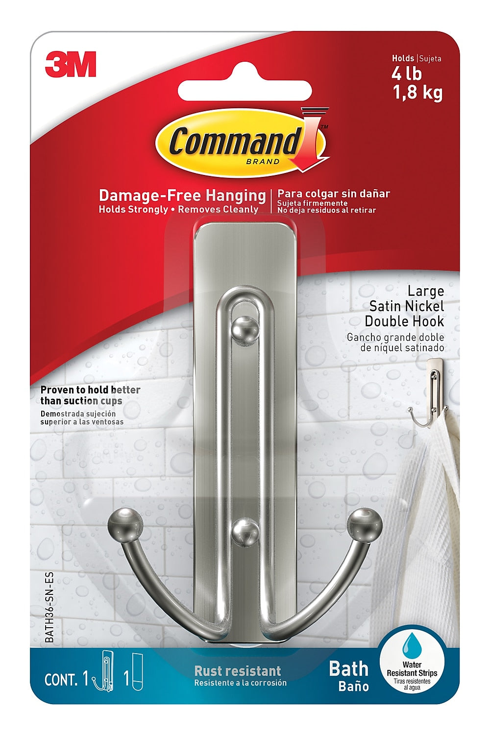 Command Large Bathroom Hook, Satin Nickel, 1 Hook, 1 Large Water-Resistant Strip/Pack