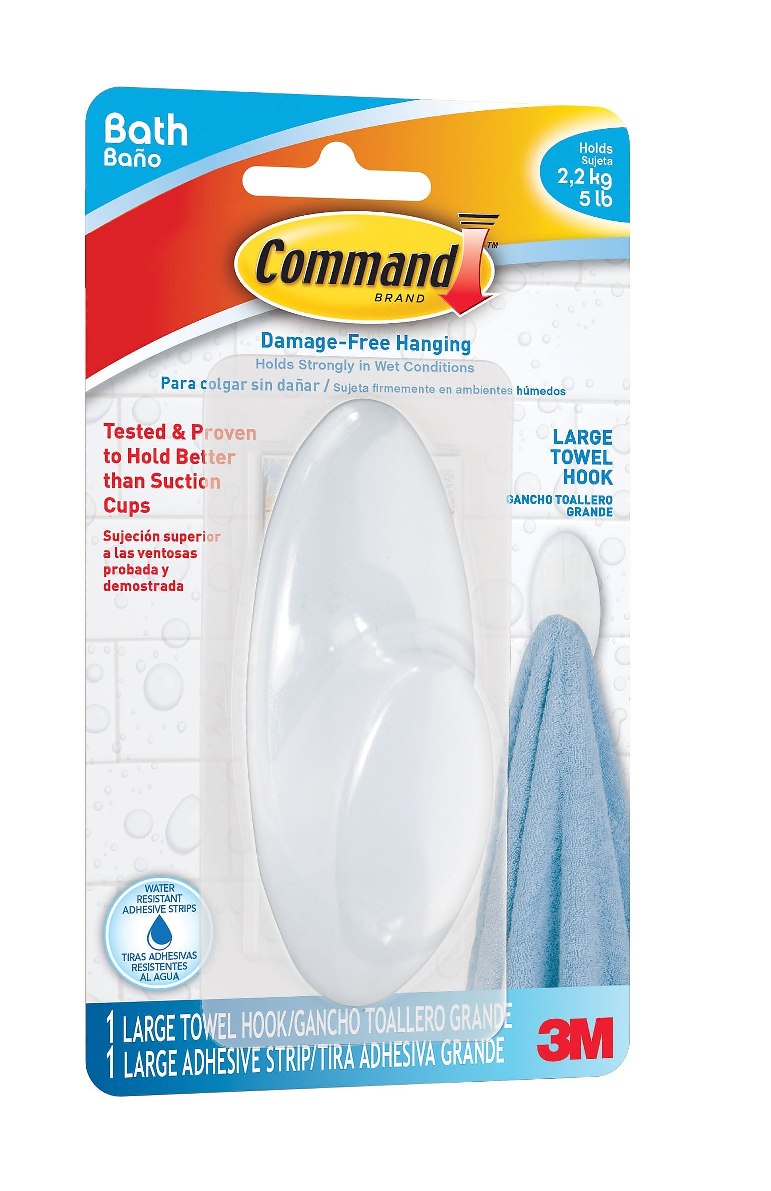 Command Large Bathroom Hooks, White, 1 Hook, 1 Large Water-Resistant Strip/Pack
