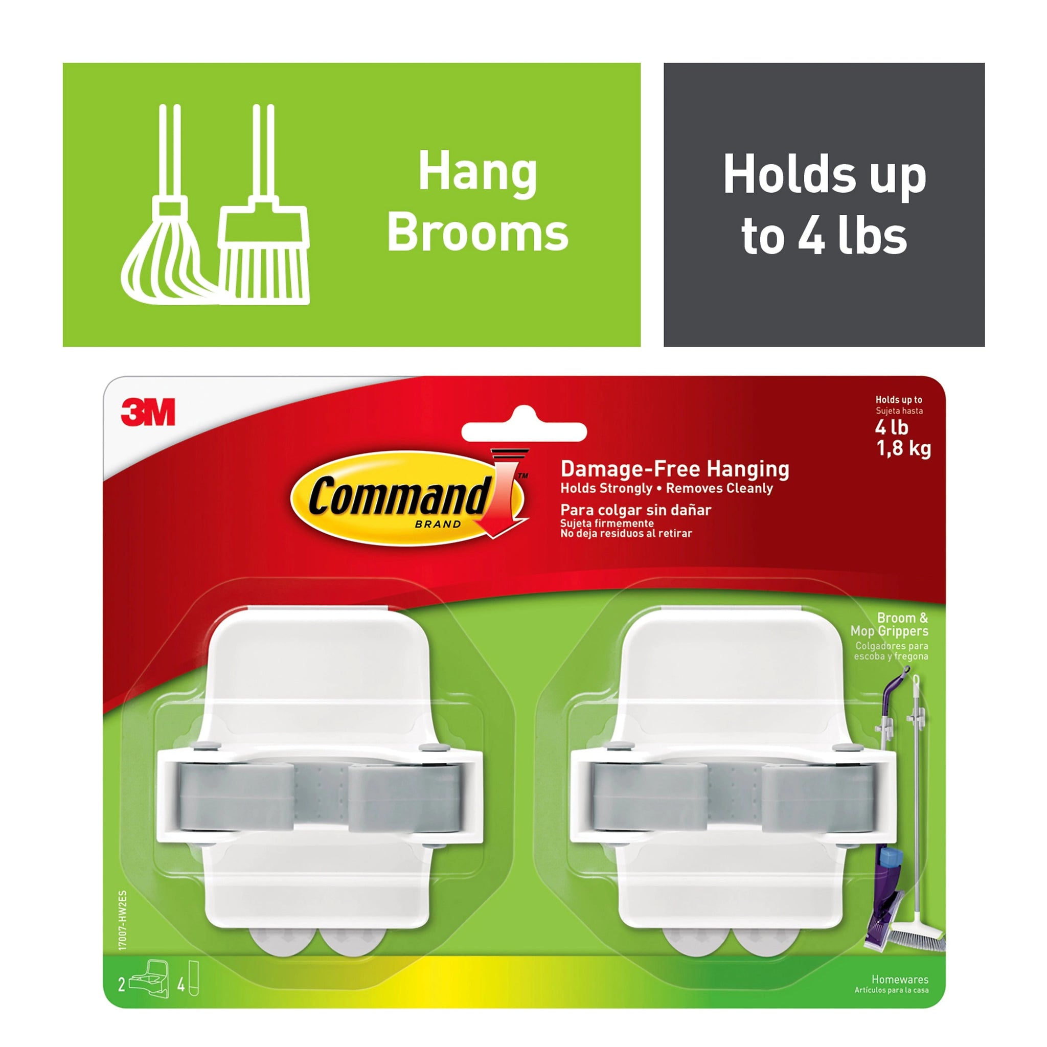 Command Large Broom Gripper, White, 2/Pack