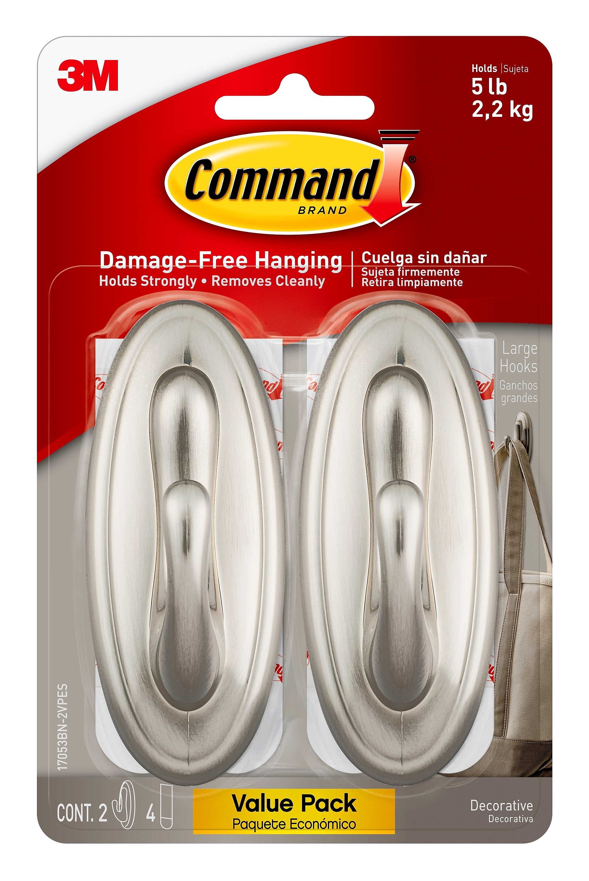 Command Large Decorative Hooks, 5 lb., Brushed Nickel, 2/Pack