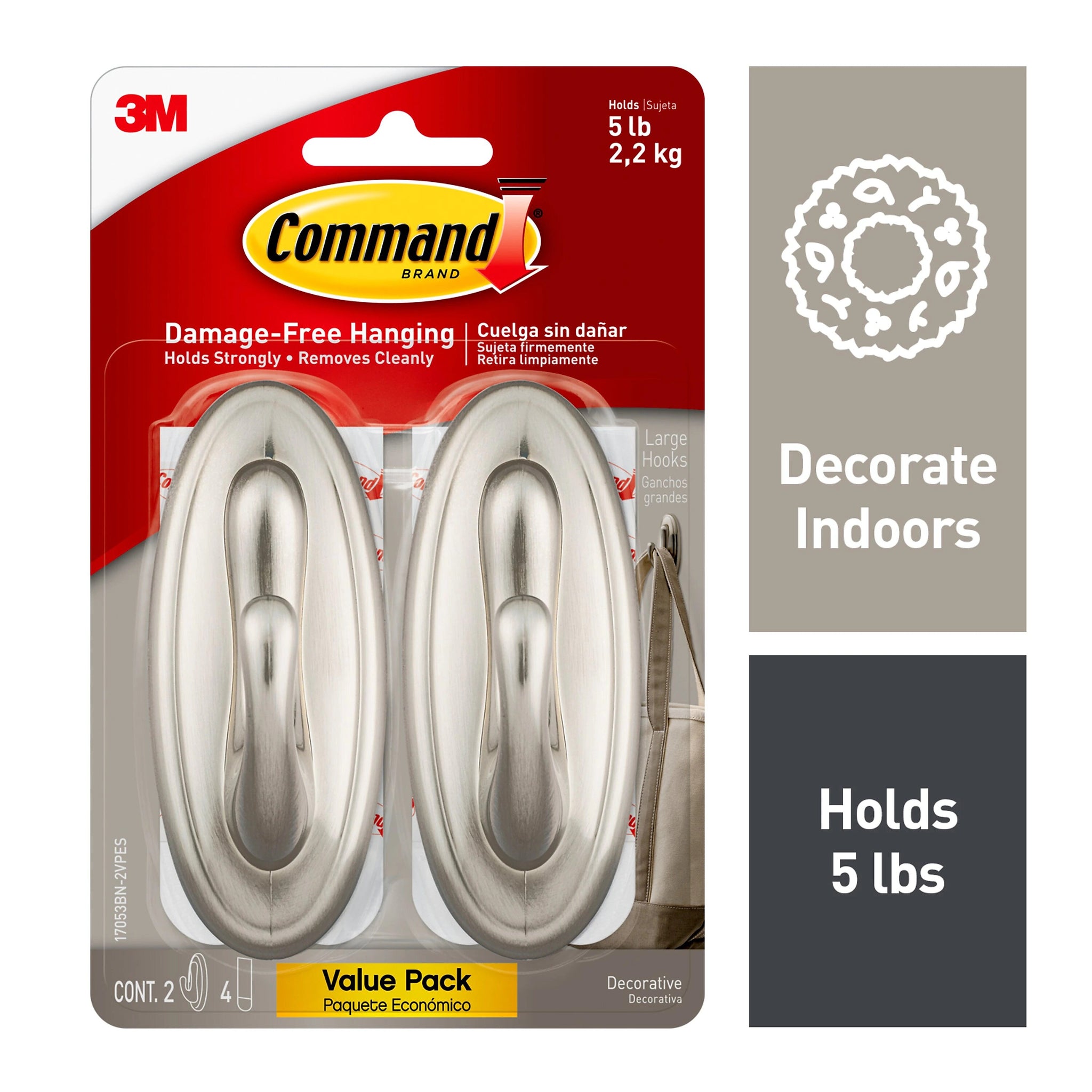 Command Large Decorative Hooks, 5 lb., Brushed Nickel, 2/Pack