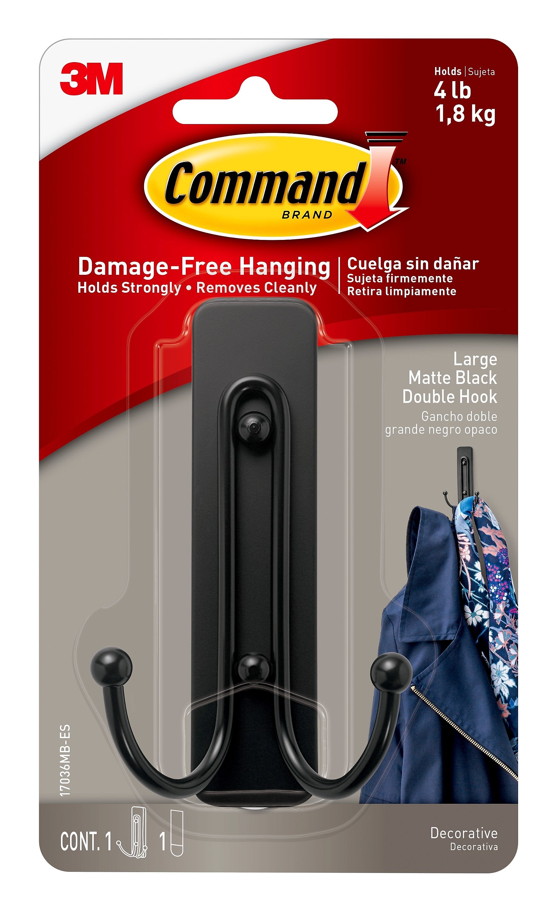Command™ Large Double Hook, Matte Black, 1 Hook, 1 Strip/Pack