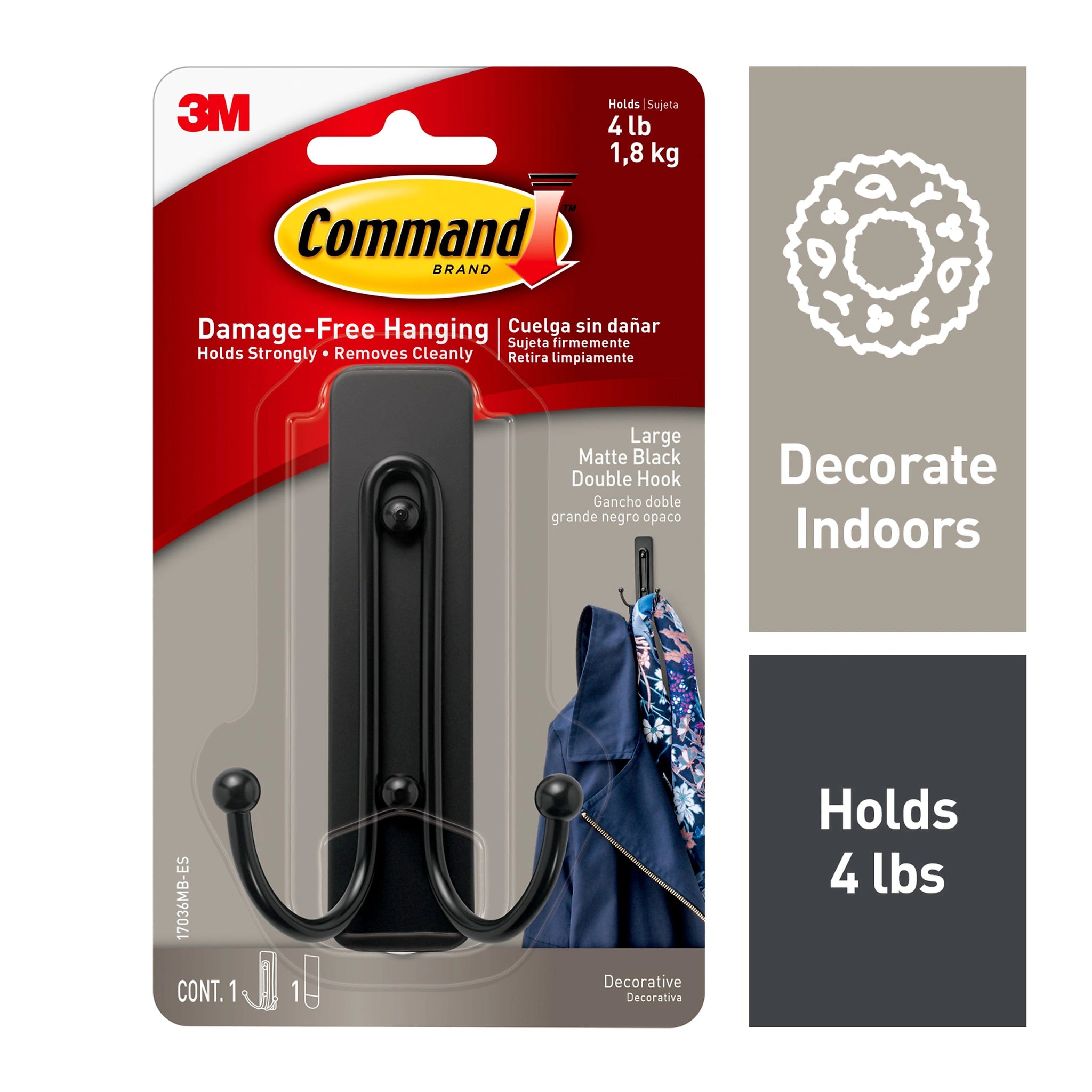 Command™ Large Double Hook, Matte Black, 1 Hook, 1 Strip/Pack