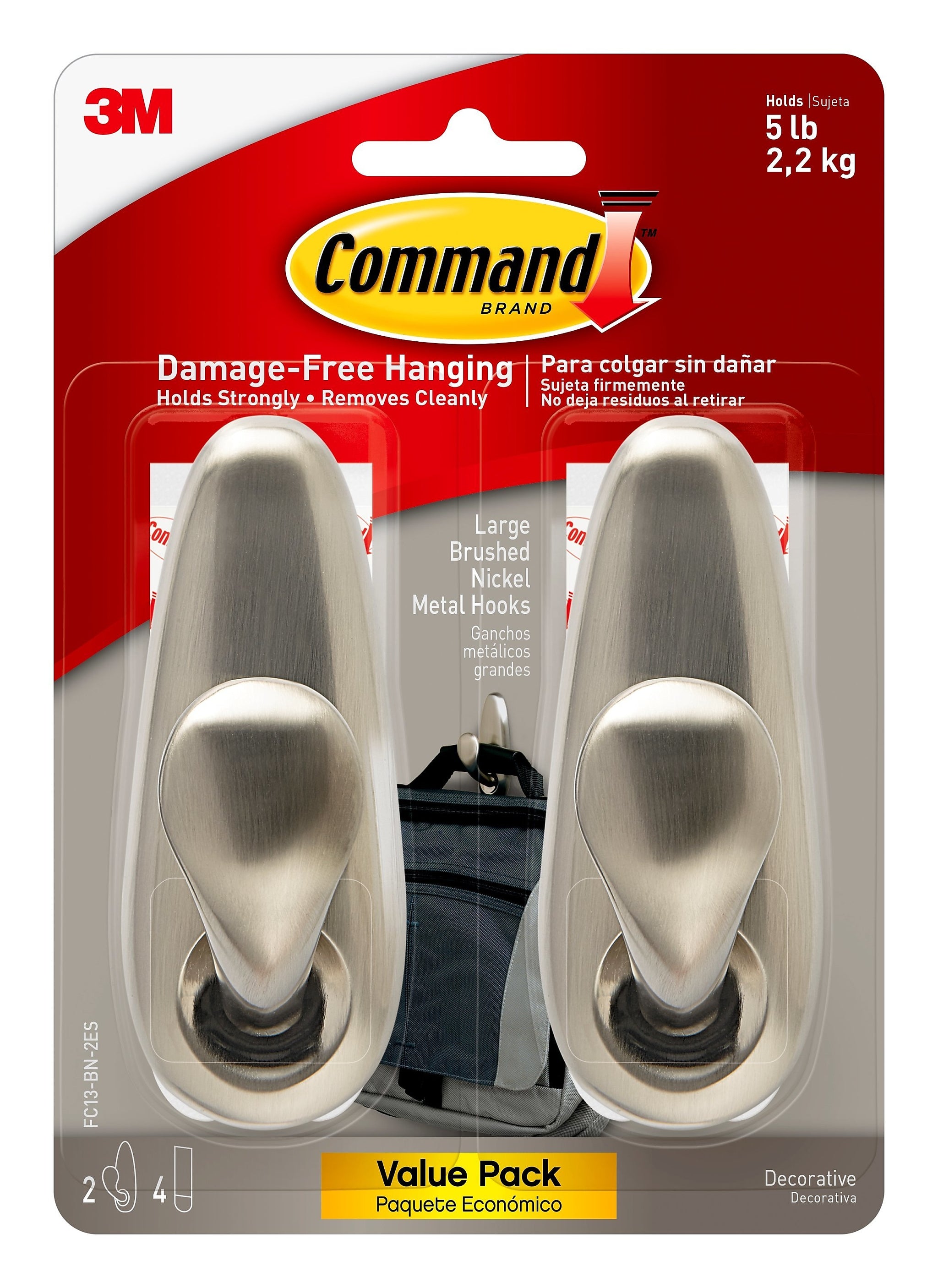 Command™ Large Forever Classic Metal Hook, Brushed Nickel, 2 Hooks, 4 Strips/Pack
