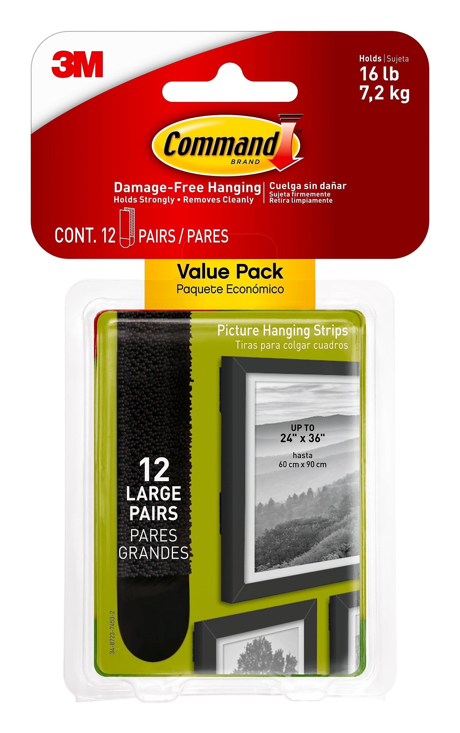Command Large Hanging Strip, 16 lb., Black, 12/Pack