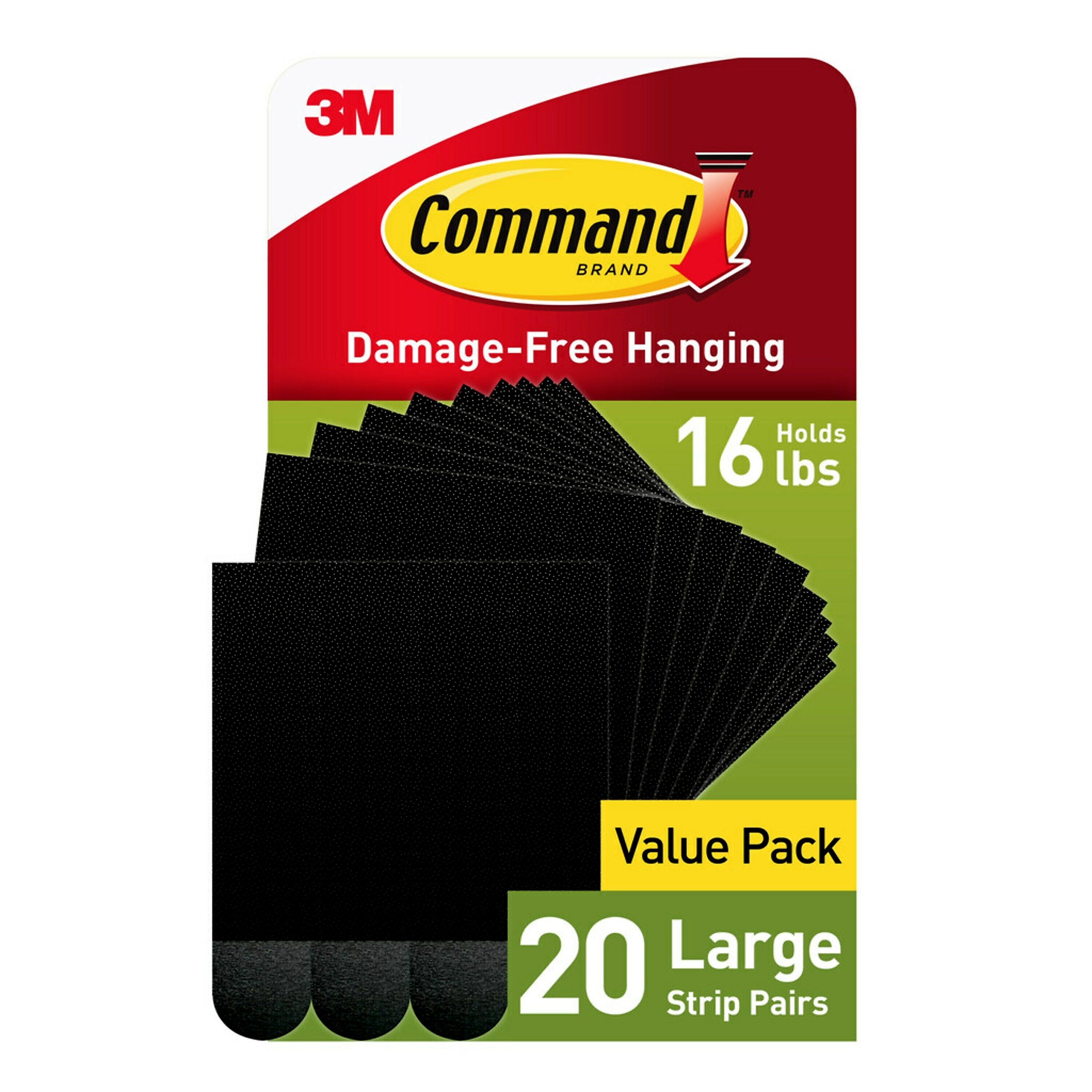 Command Large Hanging Strips, 16 lb., Black, 20/Pack