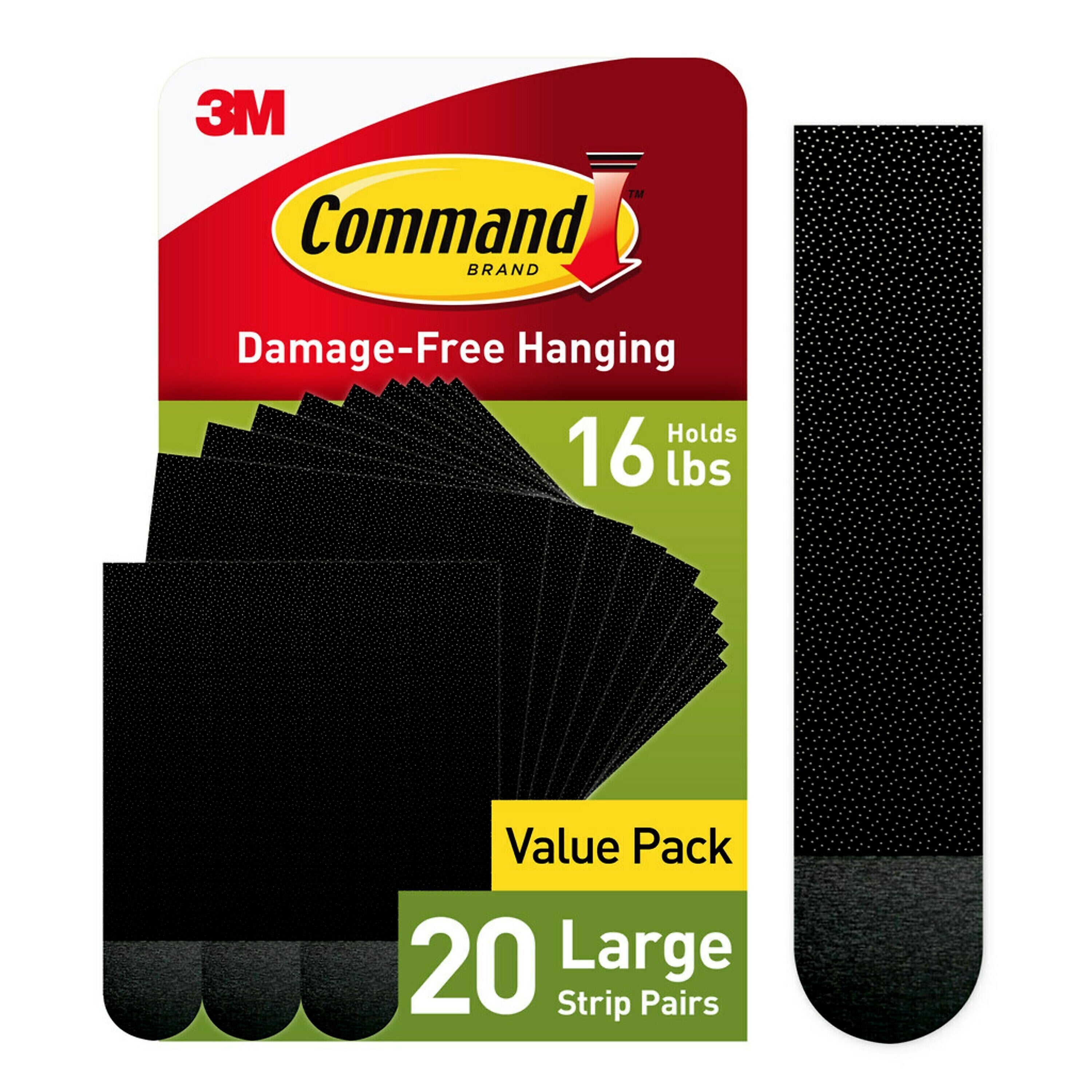 Command Large Hanging Strips, 16 lb., Black, 20/Pack