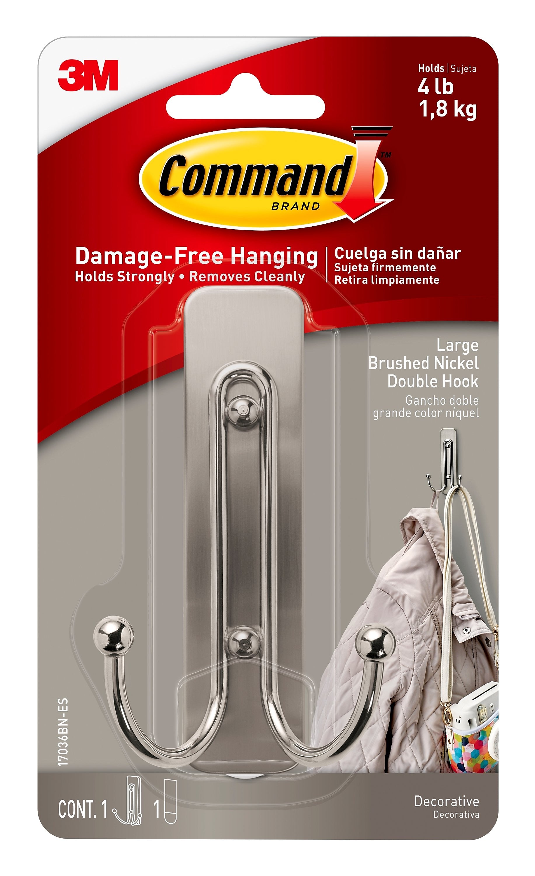 Command Large Hook, 4 lb., Brushed Nickel