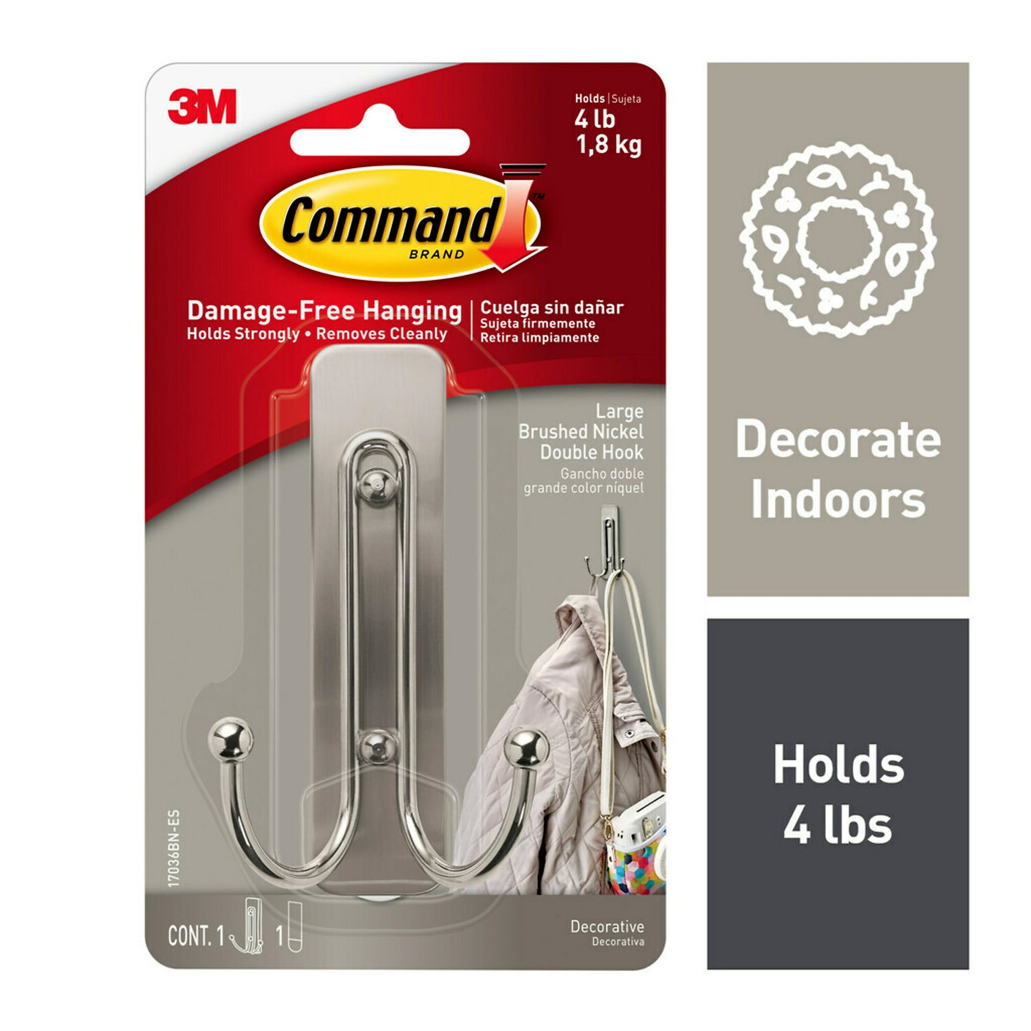 Command Large Hook, 4 lb., Brushed Nickel