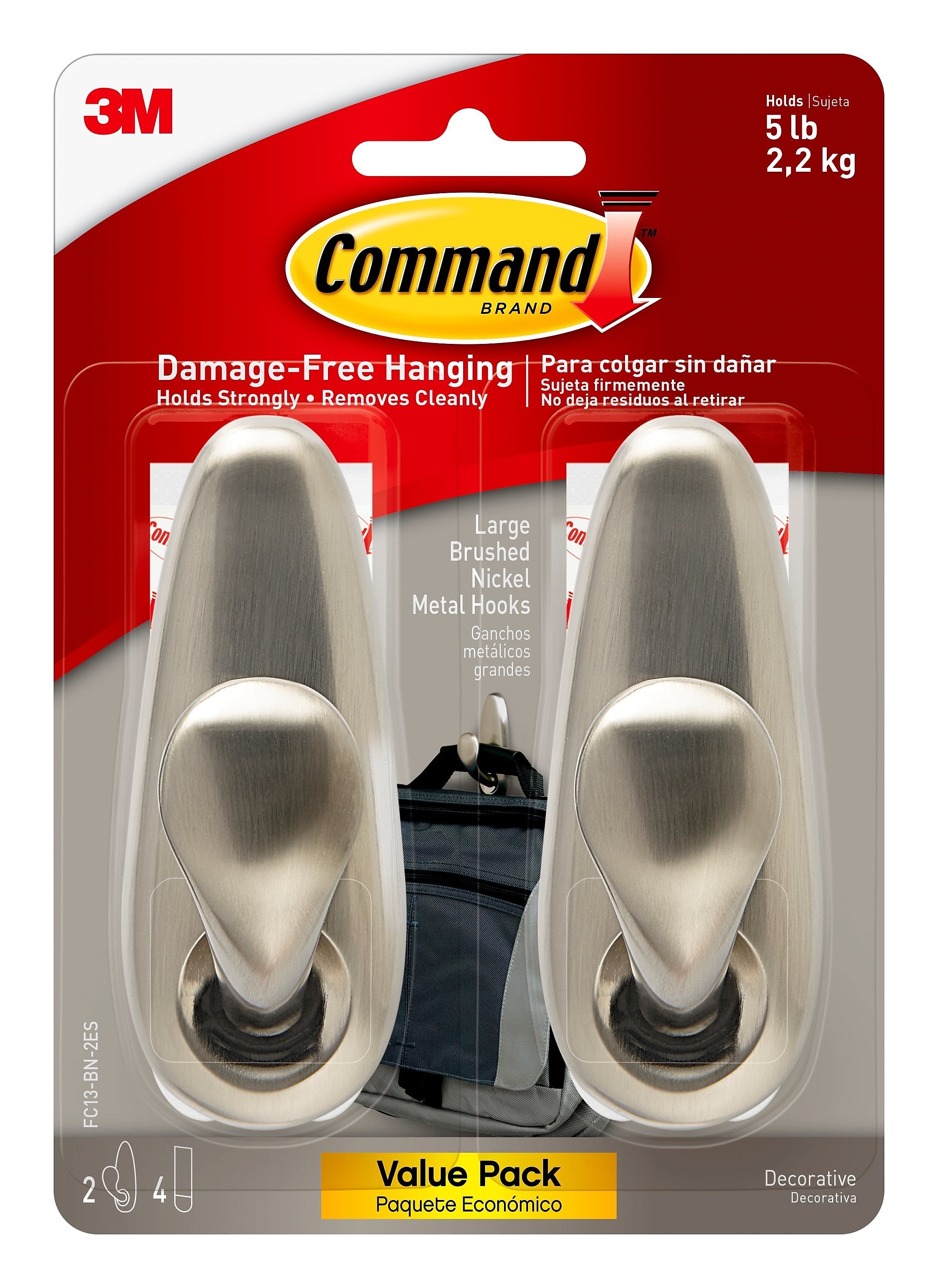 Command Large Hook, 5 lb., Brushed Nickel, 2 Hooks, 4 Strips/Pack
