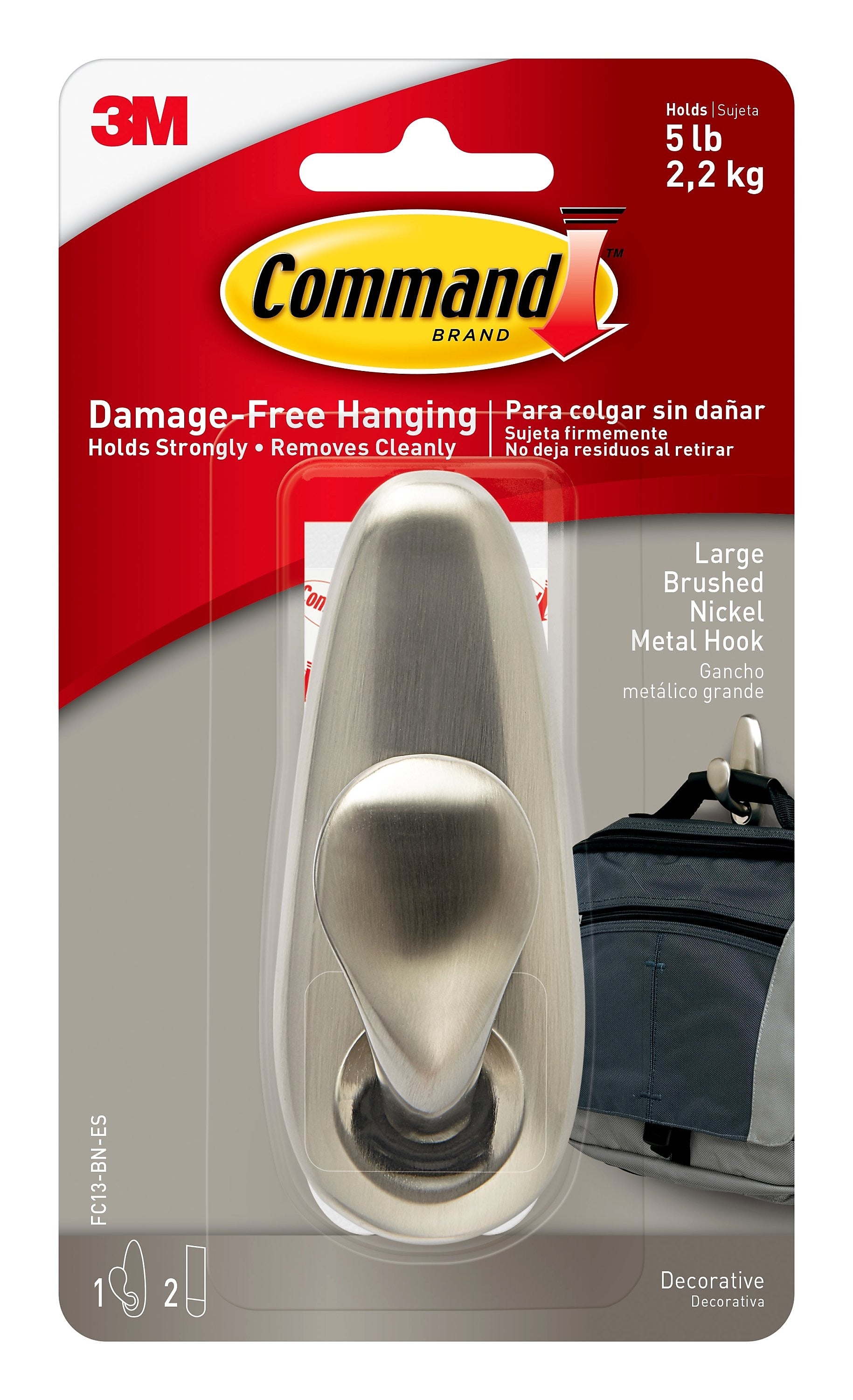 Command Large Metal Hook, 5 lb., Brushed Nickel